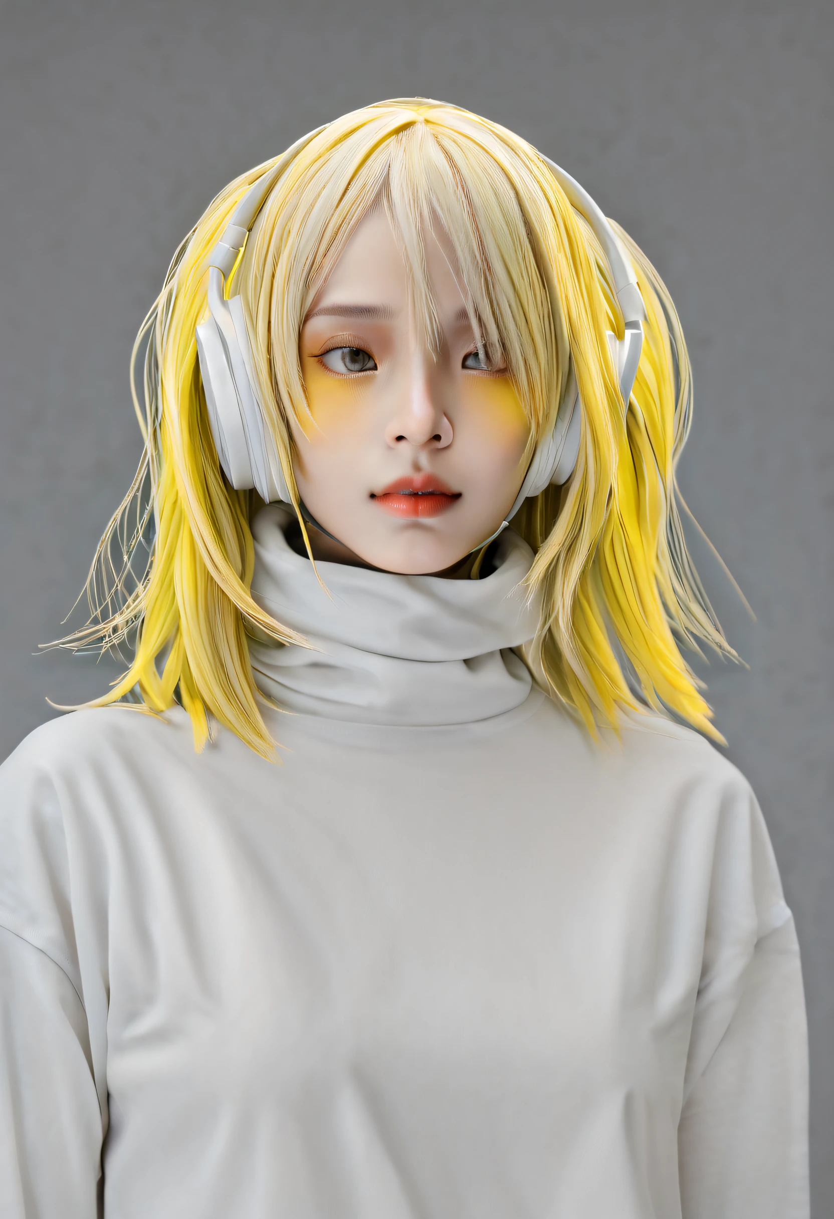 girl with long yellow hair, yellow eyes, futuristic vibes, mask on mouth, headphones, 8k, high quality, simple background, glowing eyes, nice pose