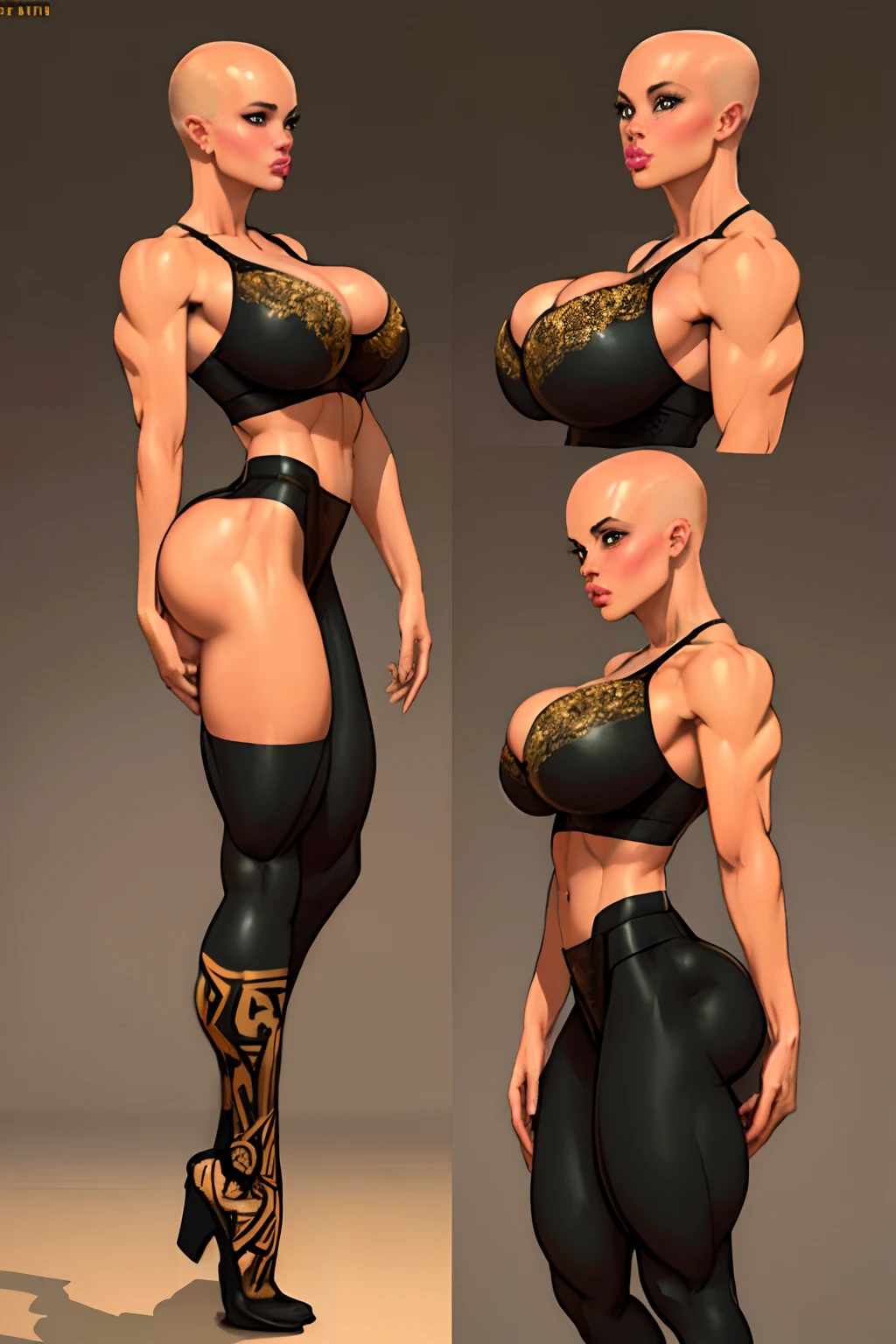 8k ((full body view)) (large eyes:1.3), defined cheekbones, ((legs spread:1.1)), looking back, ((the pit style:1.4))((bra1.6)), tight pants, sash, ((intricate details:1.4))detailed face:1.5), light skin,(puffy lips:1.5) (light skin:1.6), (bald woman:1.7), (skinhead) ((sexy pose)),(Muscular:1.3), ((gigantic breasts:1.5)), )highly detailed, ((side view:1.6)), majestic, digital photography, art by artgerm and ruan jia and greg rutkowski, ((jewelry around leg:1.4)), (masterpiece), sidelighting, intricate details, (((black and gold color palette)))