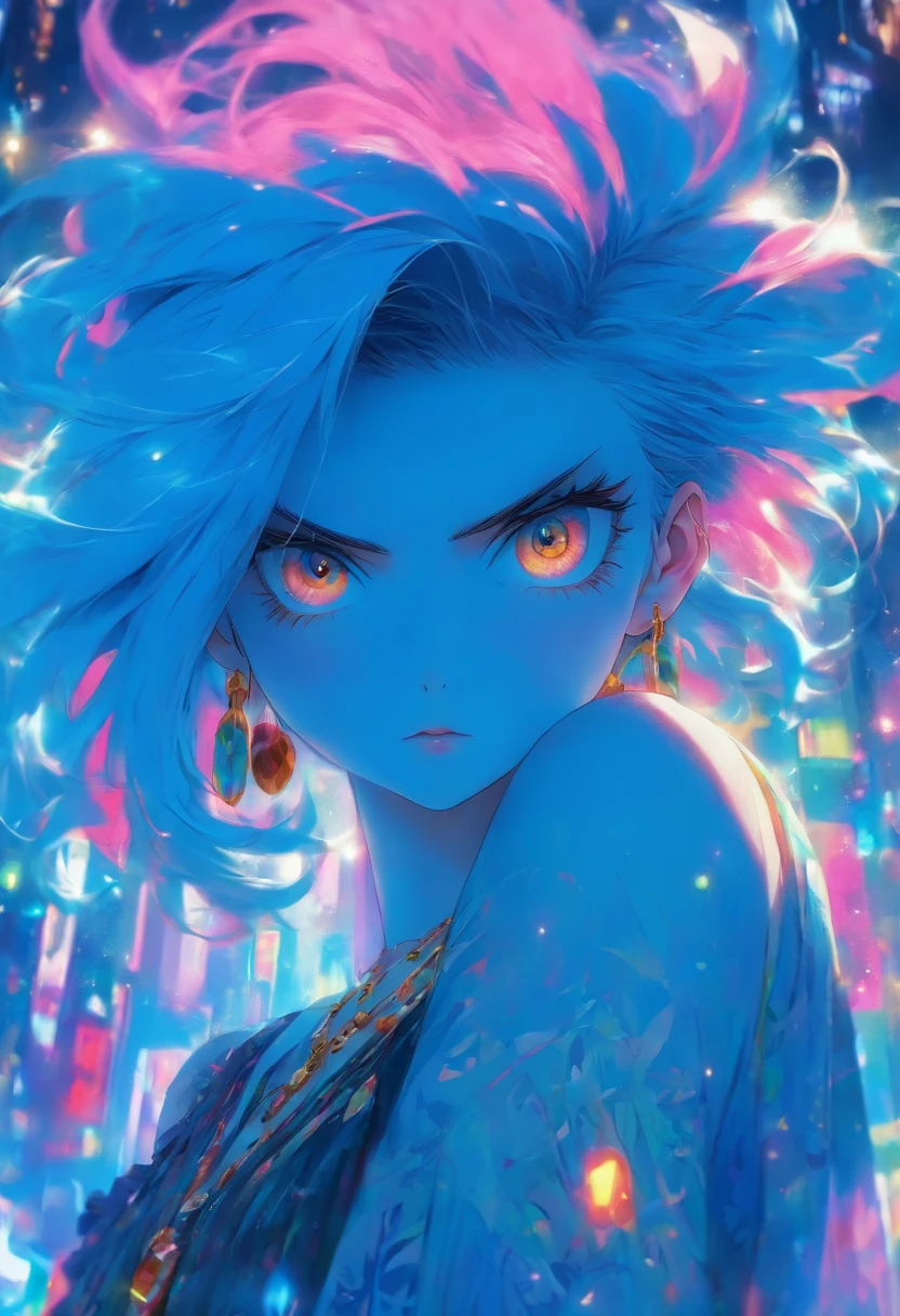 Girl with blue hair。Her hair is long and her bangs are loose。Eyes brighter than hair。She stands at the top of the jewelry