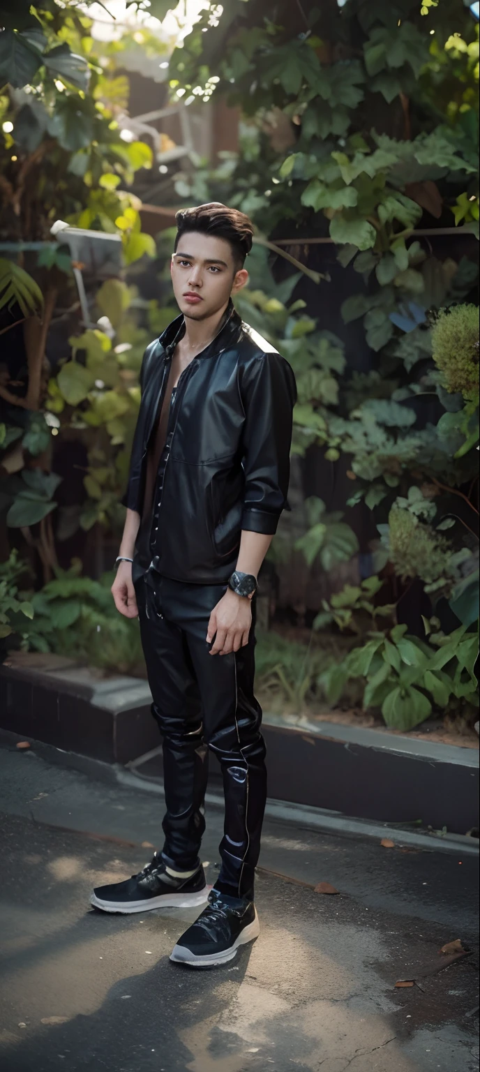 Change background cyberpunk handsome boy, realistic face, change shoes and clothes, 8k, ultra realistic