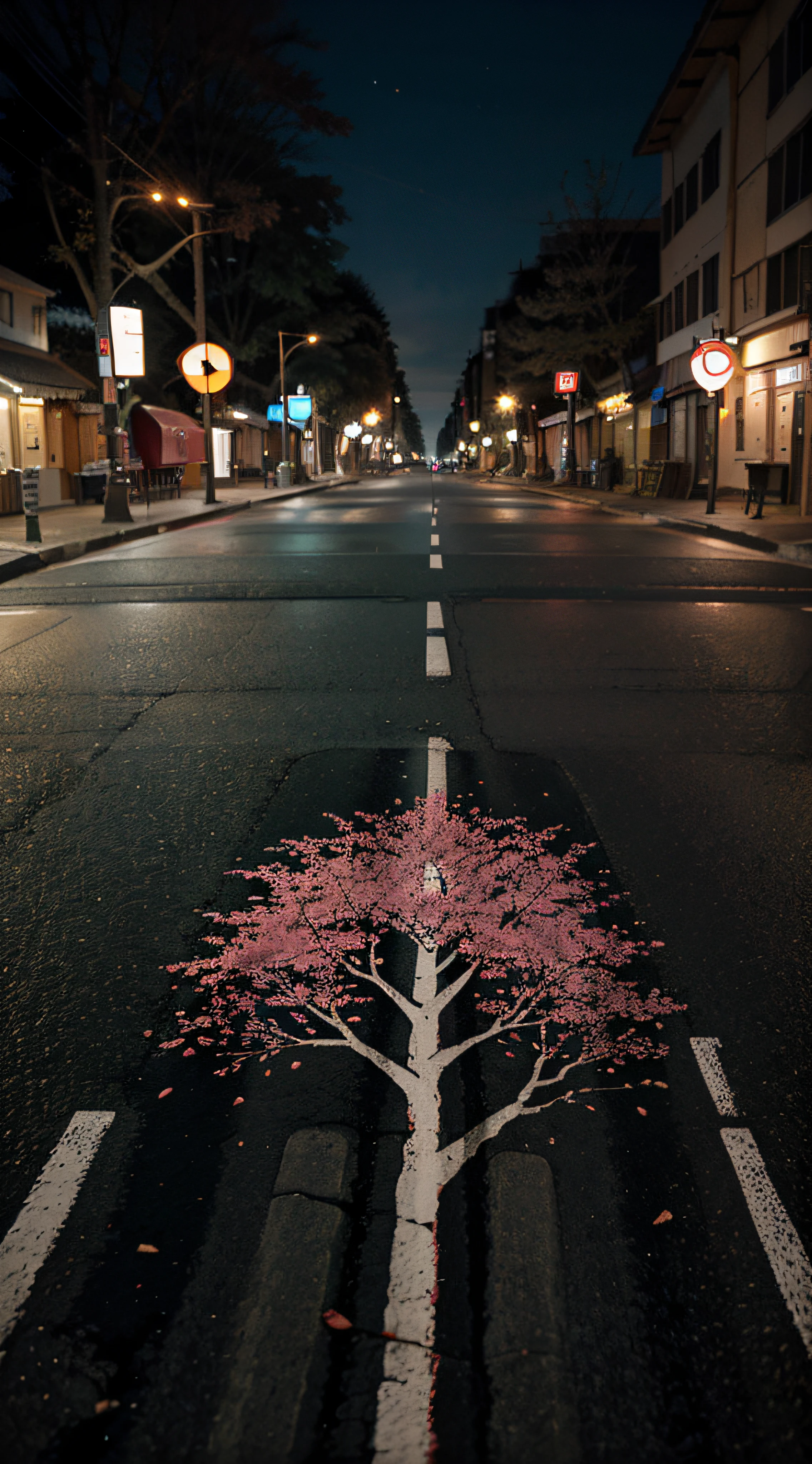street-art: drawing on the road (tarred) of Japanese cherry trees, embedded in the tar, printing on road. ultra realistic, sharp detail, high resolution, ultra detailed, dreamlike, ethereal, bright colors, bokeh. no human, no car.