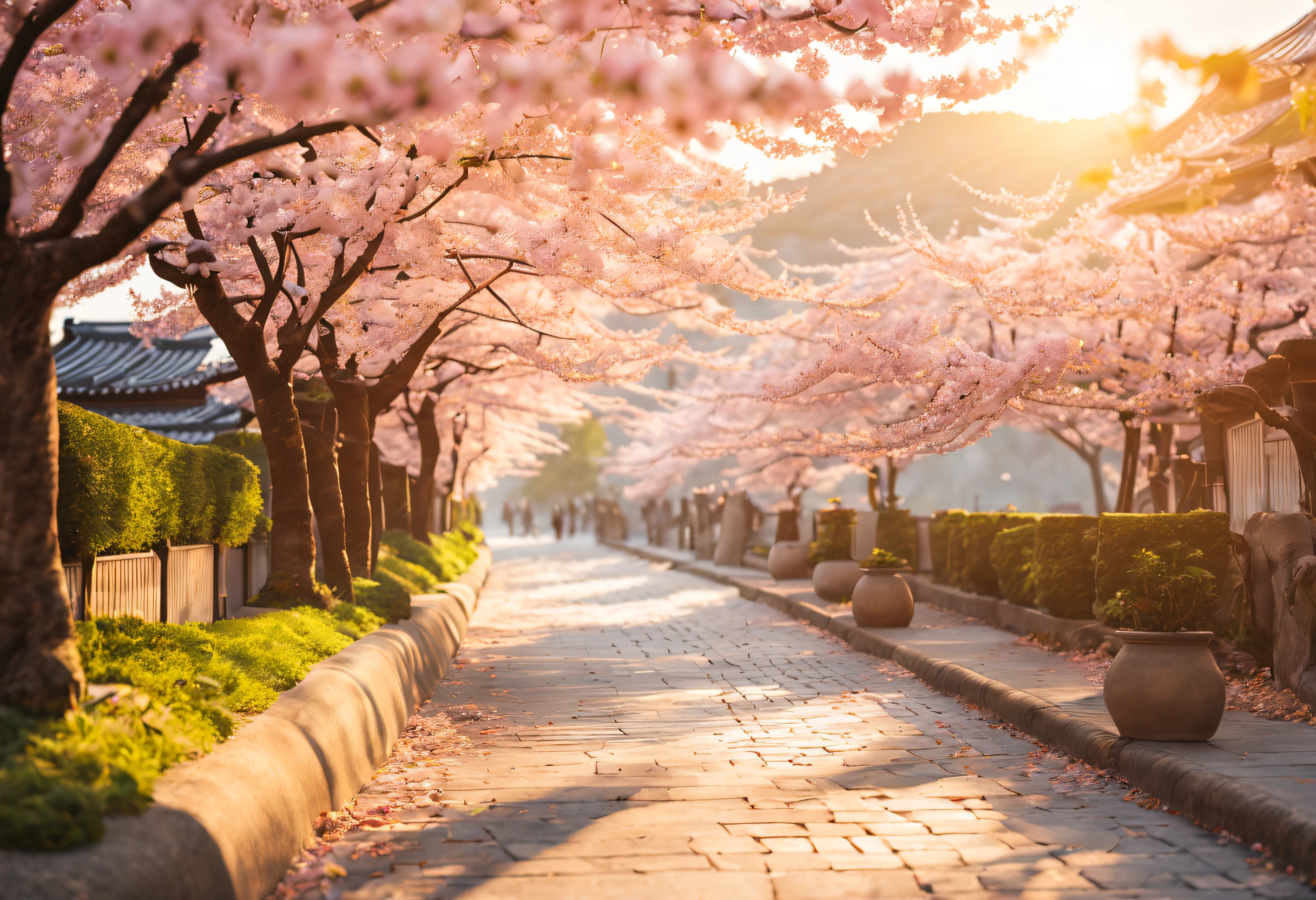 (best quality,4k,8k,highres,masterpiece:1.2),ultra-detailed,(realistic,photorealistic,photo-realistic:1.37),street with cherry blossom trees on the sides,beautiful delicate petals falling softly, sunlight breaking through the branches, gentle breeze rustling the leaves, pink and white flowers blooming vibrantly,picturesque view of the avenue, people strolling along the sidewalk, colorful kimonos and parasols, sense of tranquility and serenity, traditional Japanese atmosphere, soft pastel tones, warm golden sunlight, ethereal and dream-like ambiance