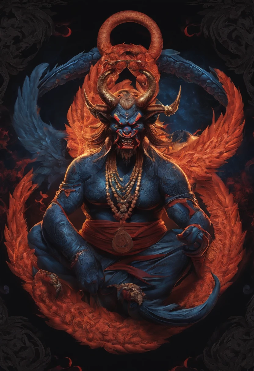 Create an image of a powerful guardian angel surrounded by flames。The guardian deity has a strong, muscular build.、Must have a stern look。Holding a sword-like weapon in one hand、The other hand must hold a symbolic object that represents protection and rage.。A blazing flame swirls in the background.、It emphasizes the fiery nature and presence of the patron deity.