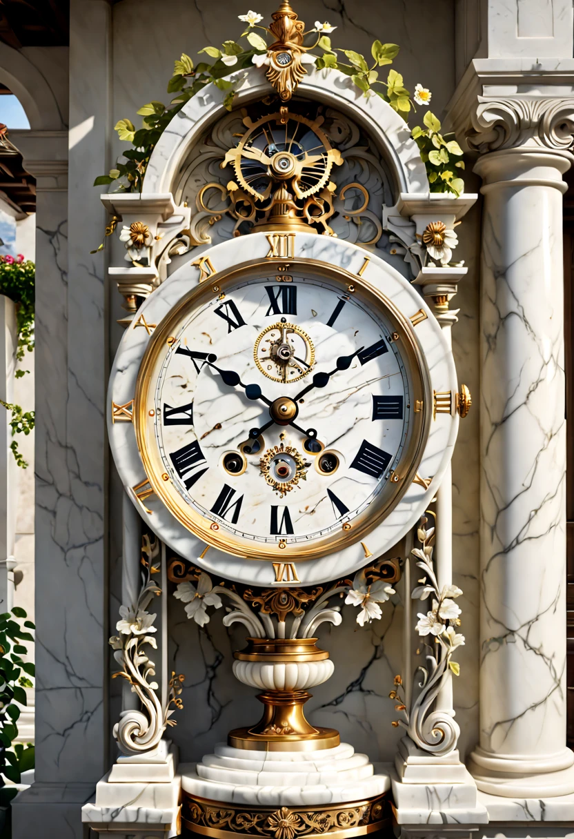 (8K, 16k, Award-winning, Highest quality, Highest resolution, Super detail, High detail, Anatomically correct, Masterpiece),Realistic full-body Greek white marble clock，Ancient chronometric mechanism, delicate craftsmanship , Rare and precious, The intricate details are realistic，Marble clock，detailed carvings,Timeless vintage,Stale and rustic,Ancient craftsmanship,shadows and light,Historical artifacts,Classic chronograph mechanism,Nostalgic,Charm,retro aesthetic,Weathered beauty,Ancient clocks,Ageing gracefully,Stone carving and craftsmanship,Precise marking,Entwined vines and flowers,Entry,Weathered beauty and personality,Backyard Point of Contact,ornate detail,A symbol of eternity,Harmony between past and present,Engraving calligraphy,artistic design+"]，A cinematic scene， 超詳細， Ultra photo realsisim， Bright lights， 8 k''