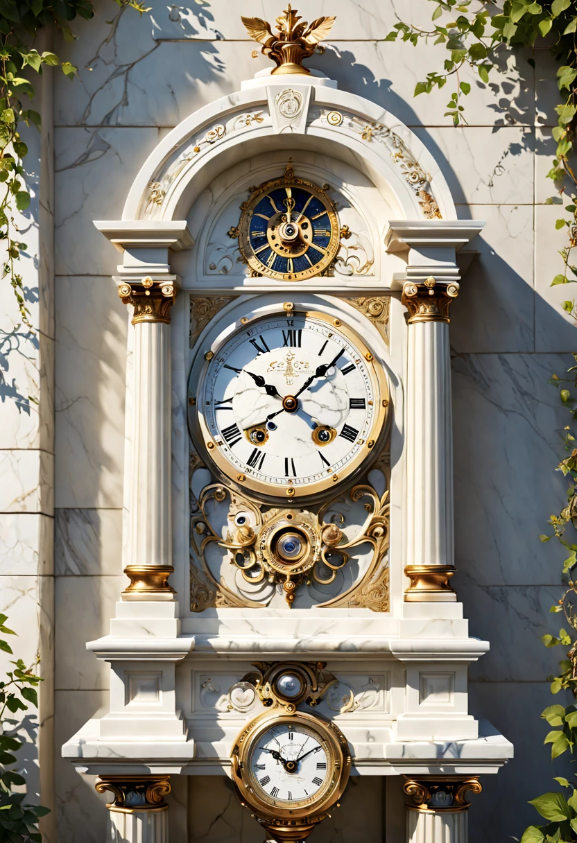 (8K, 16k, Award-winning, Highest quality, Highest resolution, Super detail, High detail, Anatomically correct, Masterpiece),Realistic full-body Greek white marble clock，Ancient chronometric mechanism, delicate craftsmanship , Rare and precious, The intricate details are realistic，Marble clock，detailed carvings,Timeless vintage,Stale and rustic,Ancient craftsmanship,shadows and light,Historical artifacts,Classic chronograph mechanism,Nostalgic,Charm,retro aesthetic,Weathered beauty,Ancient clocks,Ageing gracefully,Stone carving and craftsmanship,Precise marking,Entwined vines and flowers,Entry,Weathered beauty and personality,Backyard Point of Contact,ornate detail,A symbol of eternity,Harmony between past and present,Engraving calligraphy,artistic design+"]，A cinematic scene， 超詳細， Ultra photo realsisim， Bright lights， 8 k''