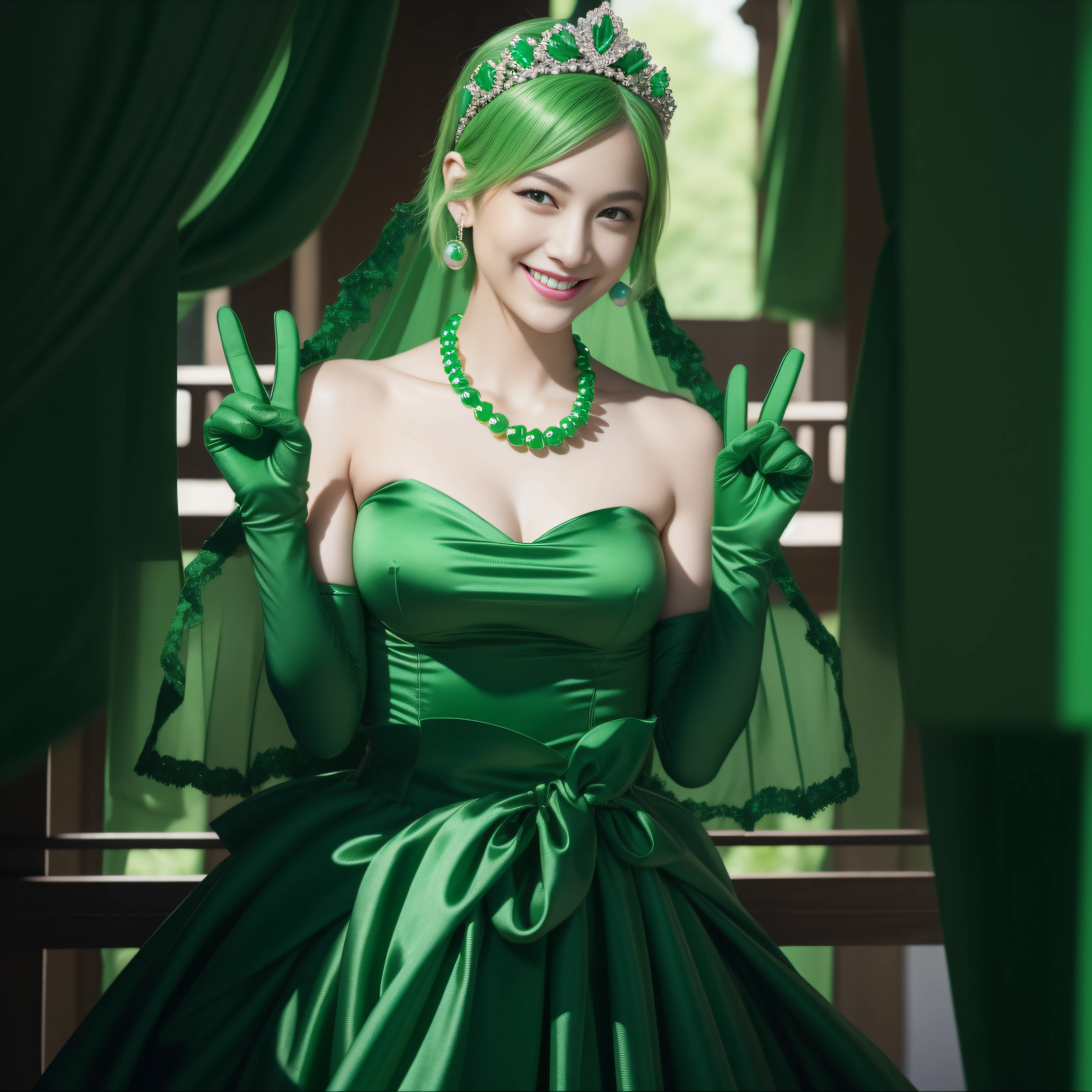 emerald tiara, Green Pearl Necklace, Boyish very short green hair, lipsticks, Japan woman smiling, very short short hair,  big breasts beautiful, Green eyes, Long green gloves made of satin material, Green eyes, Emerald Earrings, green vale, v sign