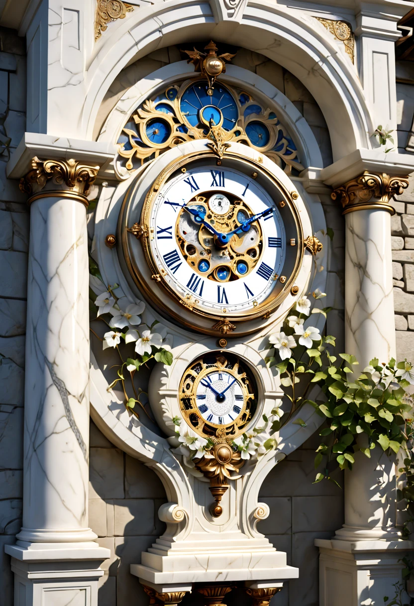 (8K, 16k, Award-winning, Highest quality, Highest resolution, Super detail, High detail, Anatomically correct, Masterpiece),Realistic full-body Greek white marble clock，Ancient chronometric mechanism, delicate craftsmanship , Rare and precious, The intricate details are realistic，Marble clock，detailed carvings,Timeless vintage,Stale and rustic,Ancient craftsmanship,shadows and light,Historical artifacts,Classic chronograph mechanism,Nostalgic,Charm,retro aesthetic,Weathered beauty,Ancient clocks,Ageing gracefully,Stone carving and craftsmanship,Precise marking,Entwined vines and flowers,Entry,Weathered beauty and personality,Backyard Point of Contact,ornate detail,A symbol of eternity,Harmony between past and present,Engraving calligraphy,artistic design+"]，A cinematic scene， 超詳細， Ultra photo realsisim， Bright lights， 8 k''