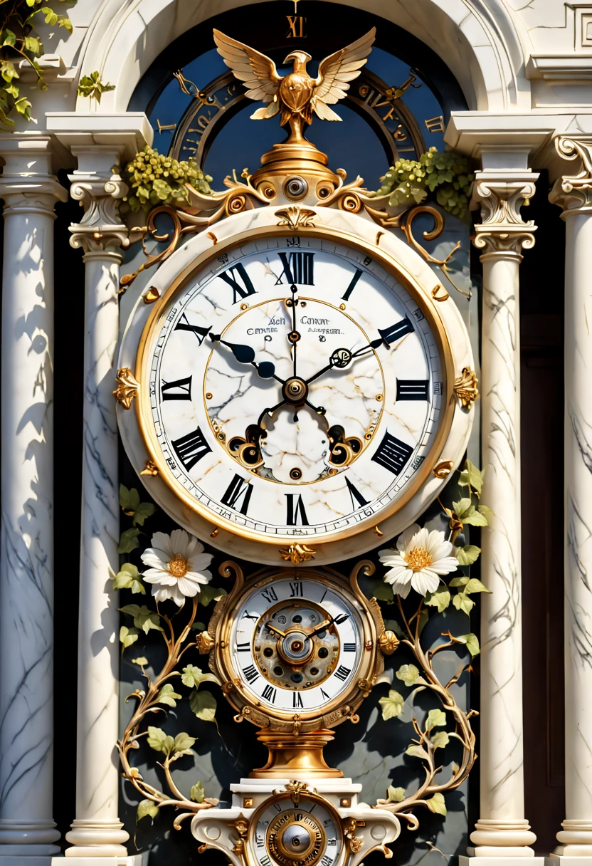 (8K, 16k, Award-winning, Highest quality, Highest resolution, Super detail, High detail, Anatomically correct, Masterpiece),Realistic full-body Greek white marble clock，Ancient chronometric mechanism, delicate craftsmanship , Rare and precious, The intricate details are realistic，Marble clock，detailed carvings,Timeless vintage,Stale and rustic,Ancient craftsmanship,shadows and light,Historical artifacts,Classic chronograph mechanism,Nostalgic,Charm,retro aesthetic,Weathered beauty,Ancient clocks,Ageing gracefully,Stone carving and craftsmanship,Precise marking,Entwined vines and flowers,Entry,Weathered beauty and personality,Backyard Point of Contact,ornate detail,A symbol of eternity,Harmony between past and present,Engraving calligraphy,artistic design+"]，A cinematic scene， 超詳細， Ultra photo realsisim， Bright lights， 8 k''