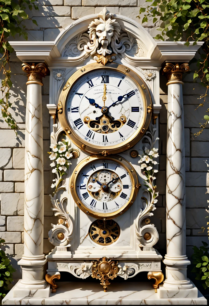 (8K, 16k, Award-winning, Highest quality, Highest resolution, Super detail, High detail, Anatomically correct, Masterpiece),Realistic full-body Greek white marble clock，Ancient chronometric mechanism, delicate craftsmanship , Rare and precious, The intricate details are realistic，Marble clock，detailed carvings,Timeless vintage,Stale and rustic,Ancient craftsmanship,shadows and light,Historical artifacts,Classic chronograph mechanism,Nostalgic,Charm,retro aesthetic,Weathered beauty,Ancient clocks,Ageing gracefully,Stone carving and craftsmanship,Precise marking,Entwined vines and flowers,Entry,Weathered beauty and personality,Backyard Point of Contact,ornate detail,A symbol of eternity,Harmony between past and present,Engraving calligraphy,artistic design+"]，A cinematic scene， 超詳細， Ultra photo realsisim， Bright lights， 8 k''