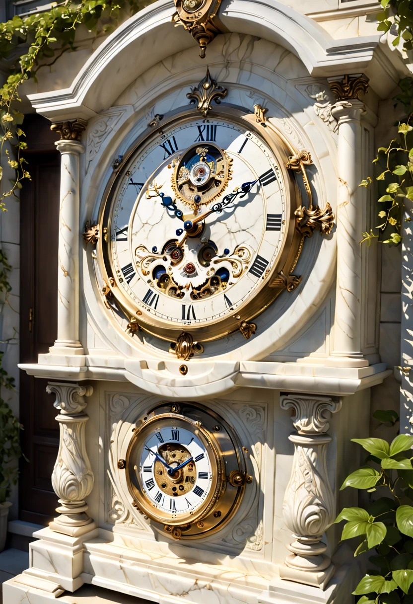 (8K, 16k, Award-winning, Highest quality, Highest resolution, Super detail, High detail, Anatomically correct, Masterpiece),Realistic full-body Greek white marble clock，Ancient chronometric mechanism, delicate craftsmanship , Rare and precious, The intricate details are realistic，Marble clock，detailed carvings,Timeless vintage,Stale and rustic,Ancient craftsmanship,shadows and light,Historical artifacts,Classic chronograph mechanism,Nostalgic,Charm,retro aesthetic,Weathered beauty,Ancient clocks,Ageing gracefully,Stone carving and craftsmanship,Precise marking,Entwined vines and flowers,Entry,Weathered beauty and personality,Backyard Point of Contact,ornate detail,A symbol of eternity,Harmony between past and present,Engraving calligraphy,artistic design+"]，A cinematic scene， 超詳細， Ultra photo realsisim， Bright lights， 8 k''