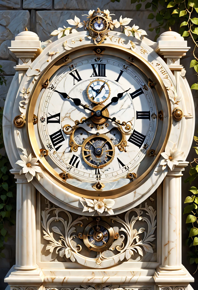(8K, 16k, Award-winning, Highest quality, Highest resolution, Super detail, High detail, Anatomically correct, Masterpiece),Realistic full-body Greek white marble clock，Ancient chronometric mechanism, delicate craftsmanship , Rare and precious, The intricate details are realistic，Marble clock，detailed carvings,Timeless vintage,Stale and rustic,Ancient craftsmanship,shadows and light,Historical artifacts,Classic chronograph mechanism,Nostalgic,Charm,retro aesthetic,Weathered beauty,Ancient clocks,Ageing gracefully,Stone carving and craftsmanship,Precise marking,Entwined vines and flowers,Entry,Weathered beauty and personality,Backyard Point of Contact,ornate detail,A symbol of eternity,Harmony between past and present,Engraving calligraphy,artistic design+"]，A cinematic scene， 超詳細， Ultra photo realsisim， Bright lights， 8 k''