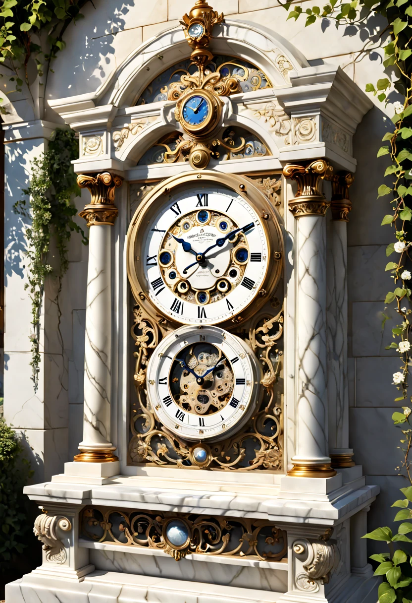 (8K, 16k, Award-winning, Highest quality, Highest resolution, Super detail, High detail, Anatomically correct, Masterpiece),Realistic full-body Greek white marble clock，Ancient chronometric mechanism, delicate craftsmanship , Rare and precious, The intricate details are realistic，Marble clock，detailed carvings,Timeless vintage,Stale and rustic,Ancient craftsmanship,shadows and light,Historical artifacts,Classic chronograph mechanism,Nostalgic,Charm,retro aesthetic,Weathered beauty,Ancient clocks,Ageing gracefully,Stone carving and craftsmanship,Precise marking,Entwined vines and flowers,Entry,Weathered beauty and personality,Backyard Point of Contact,ornate detail,A symbol of eternity,Harmony between past and present,Engraving calligraphy,artistic design+"]，A cinematic scene， 超詳細， Ultra photo realsisim， Bright lights， 8 k''