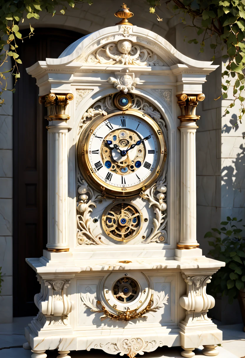 (8K, 16k, Award-winning, Highest quality, Highest resolution, Super detail, High detail, Anatomically correct, Masterpiece),Realistic full-body Greek white marble clock，Ancient chronometric mechanism, delicate craftsmanship , Rare and precious, The intricate details are realistic，Marble clock，detailed carvings,Timeless vintage,Stale and rustic,Ancient craftsmanship,shadows and light,Historical artifacts,Classic chronograph mechanism,Nostalgic,Charm,retro aesthetic,Weathered beauty,Ancient clocks,Ageing gracefully,Stone carving and craftsmanship,Precise marking,Entwined vines and flowers,Entry,Weathered beauty and personality,Backyard Point of Contact,ornate detail,A symbol of eternity,Harmony between past and present,Engraving calligraphy,artistic design+"]，A cinematic scene， 超詳細， Ultra photo realsisim， Bright lights， 8 k''