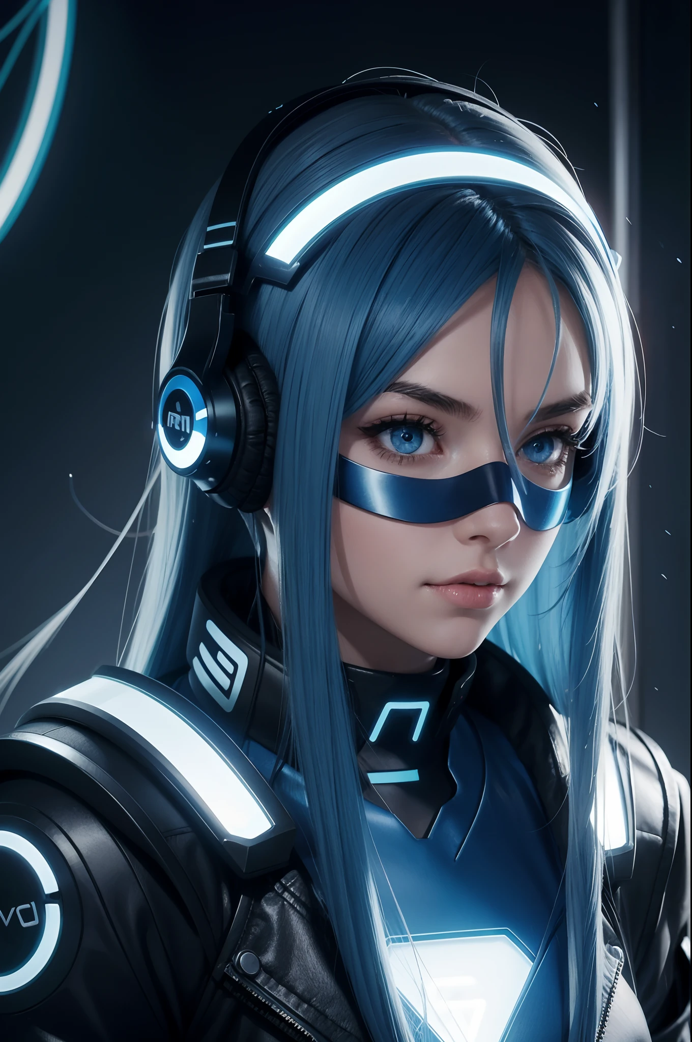 girl with long blue hair, blue eyes, futuristic vibes, mask on mouth, headphones, 8k, high quality, simple background, glowing eyes, nice pose