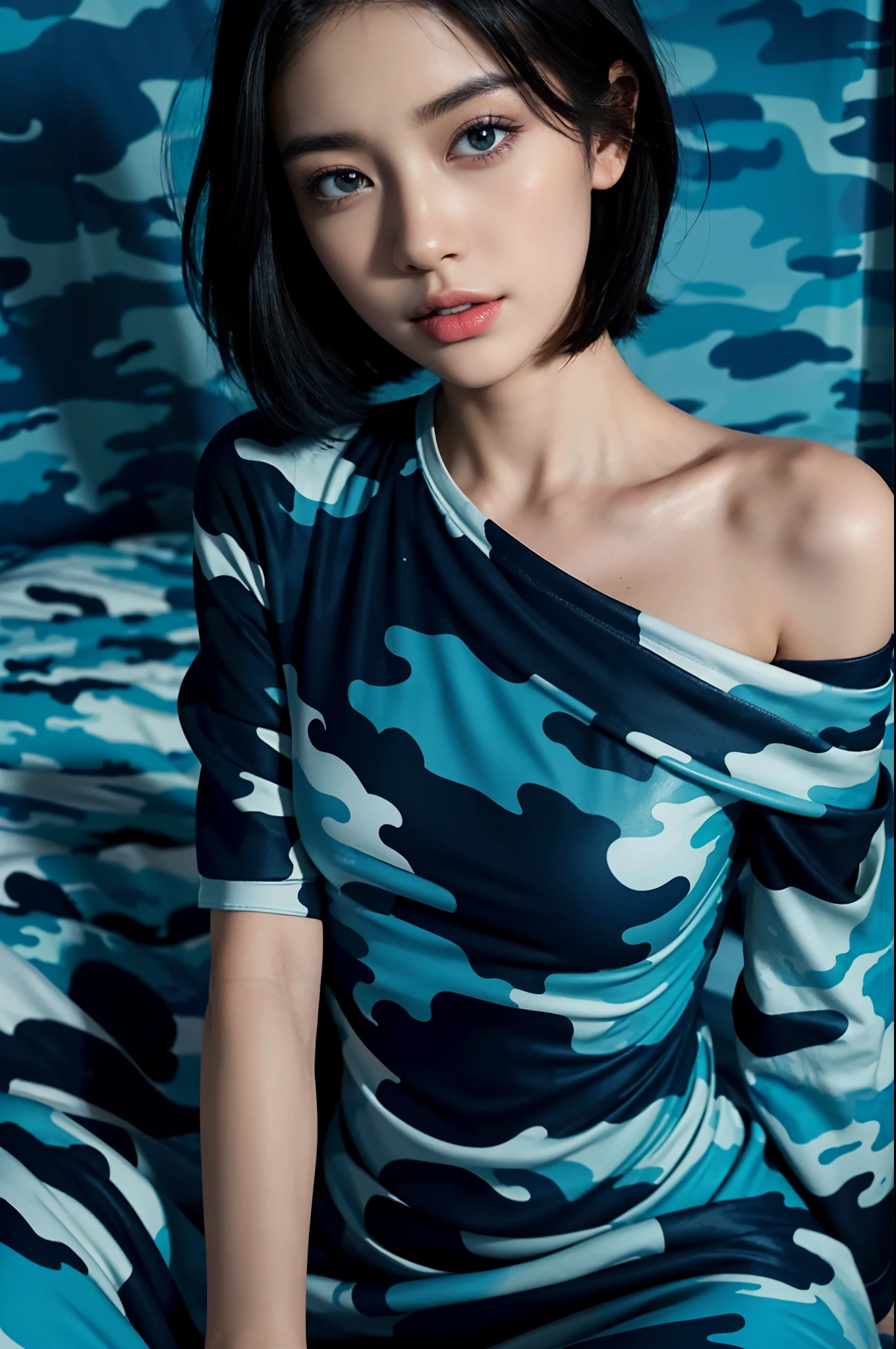 (shoulder-length straight black bob hair:1),（Extremely meticulous CG),(((8k))),wallpaper，（Extremely refined and beautiful），（Masterpiece:2.0），（best qualtiy:2.0），（Ultra High Resolution:2.0），beautiful light up，Perfect lightning,realistic shaded，[A high resolution],(Smooth and flawless fair skin:1.5),Extremely exquisite facial details,ultra - detailed,A  girl，small head,small face,Exquisite makeup,dawn,dim light,at home,in bedroom,blue wall,(sitting on bed:1.5),(laughing:1.2),happy,from front,(perfect body:1.1),small breasts,flat chest,slim,thin,(Blue camouflage dress:1.5),(femal orgasmic:1.5),(blush:1.3),(close-up of upper body:1.3),((portrait))