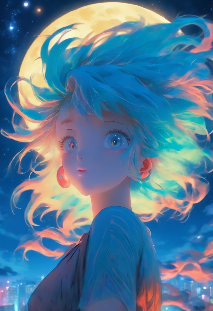 Girl with blue hair。The hair is straight and down to the waist。Bangs are snappy。Eyes brighter than hair。The arms are crossed in front of the head, and the place where the wrists overlap is translucent, and the full moon is transparent。The background is the night sky