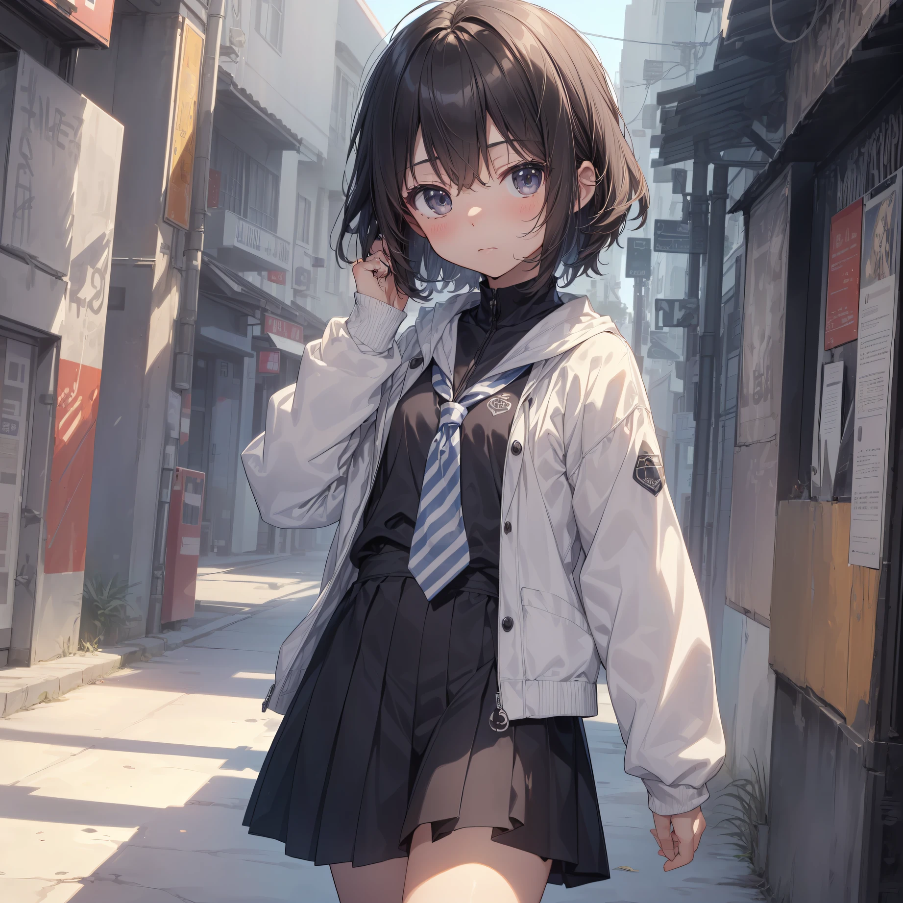 ((top quality, shinkai makoto style,  Full limbs, complete fingers, ultra-detailed,high resolution,extremely detailed CG,unity 8k wallpaper, by famous artist, super detailed skin, cinematic lighting, UHD, retina,1080P)),break,(Please draw a girl walking sleepily to school. :1.3),break, 1girl, (Solo,Loli face,13-year-old:1.5),a junior high school student, androgynous charm, (Very Short hair),flat chest, Small butt, groin, Beautiful detailed black eyes, disgusted eye, school Uniform, (Detailed Lighting), (Detailed background), (in the school zone),nsfw,