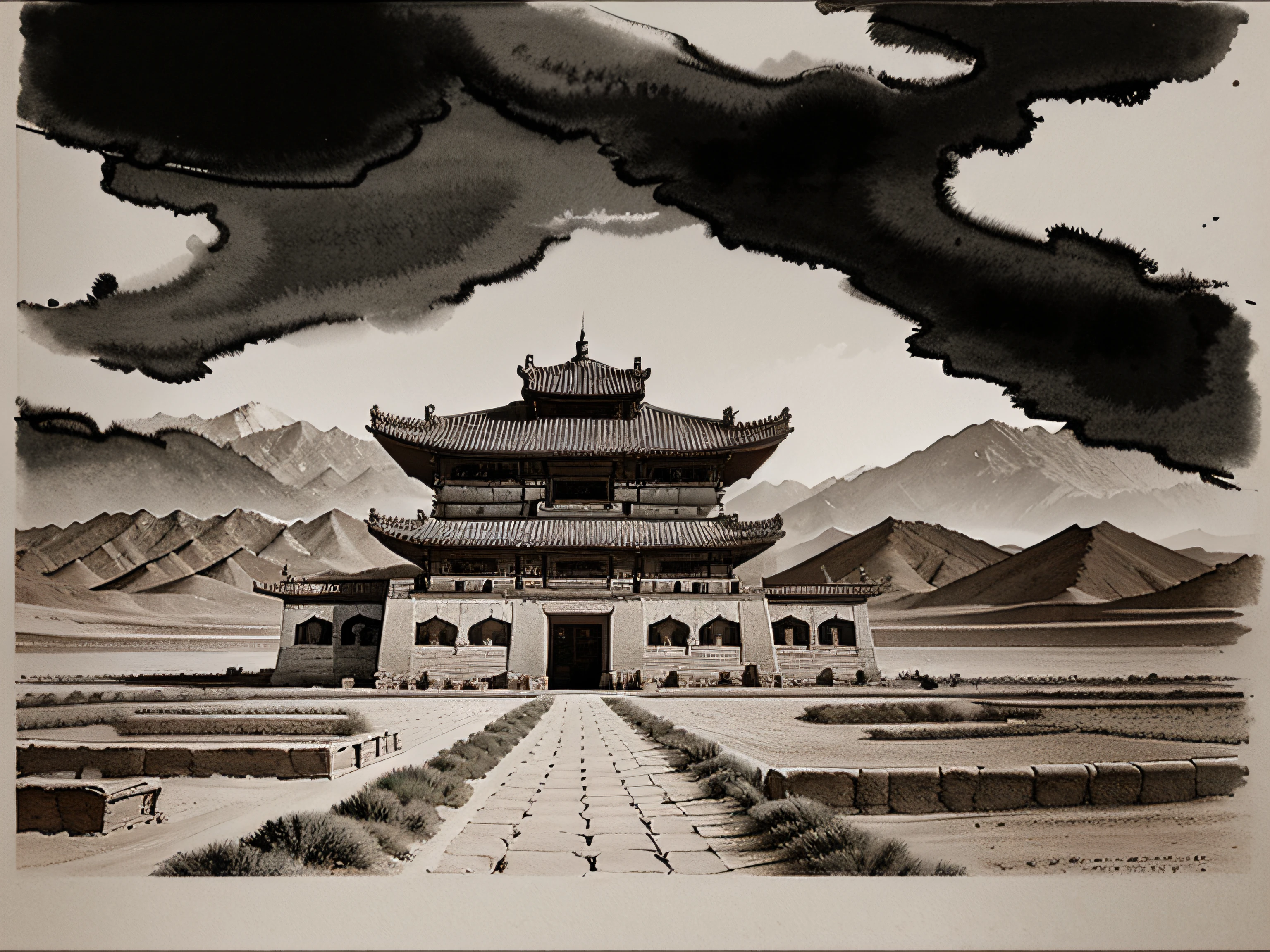 Chinese painting；ink and watercolor painting；Meticulous；Freehand painting；Gobi；Dunhuang Grottoes；desert；；Tang dynasty style；black andwhite；