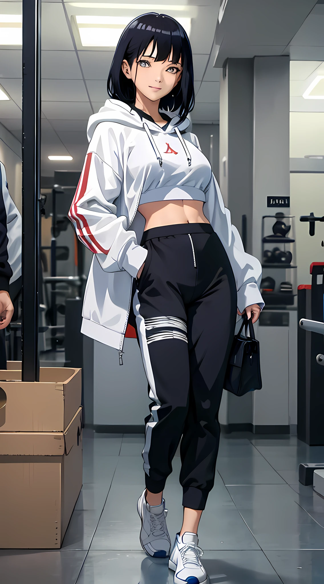 hyuugahin, beautiful woman, beautiful, perfect body, perfect breasts, wearing a white Adidas hoodie, black joggers, wearing light blue Nike Jordan shoes, in the gym, barbells, looking at the audience, a small smile, realism, masterpiece, textured leather, super detailed, high detail, high quality, best quality, 1080p, 16k