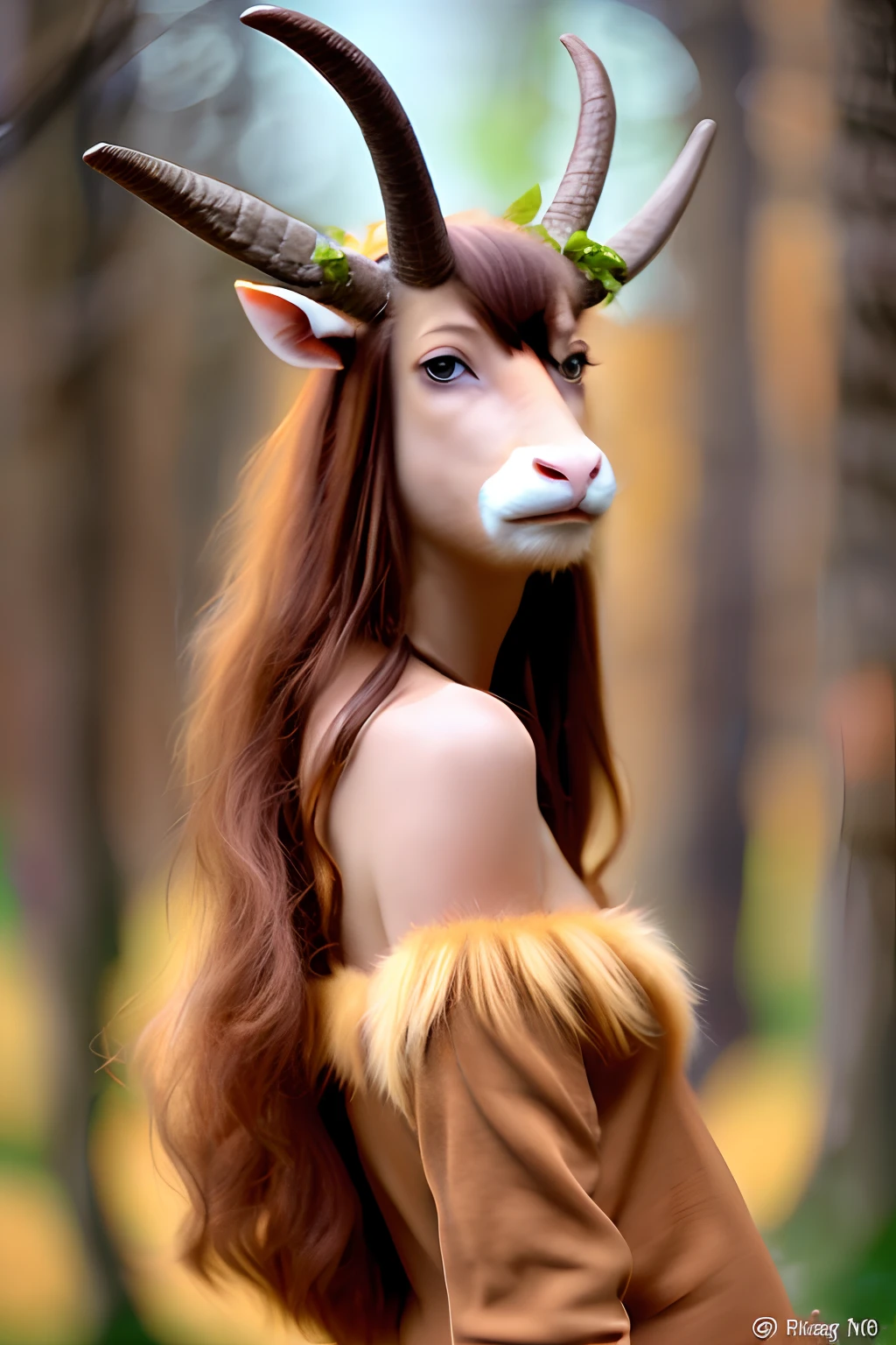 woman, 20 years old, 
(centaur:1.4), deer,
large blooming antlers, mistletoe, ivy, jingle bell, holly, leaves, vines, gold leaves,
(naked:1.2), huge breasts, breasts together, nipples, leaves, vines, bell collar, reins, 
red hair, very long hair,
(pussy:1.2), (pubic hair:1.2),
surprised, smile,
forest, outside, snow, winter,
<lora:blooming_antlers:0.5>
<lora:breastsizeslideroffset:0.1>
 <lora:Centaur_v3:0.8>