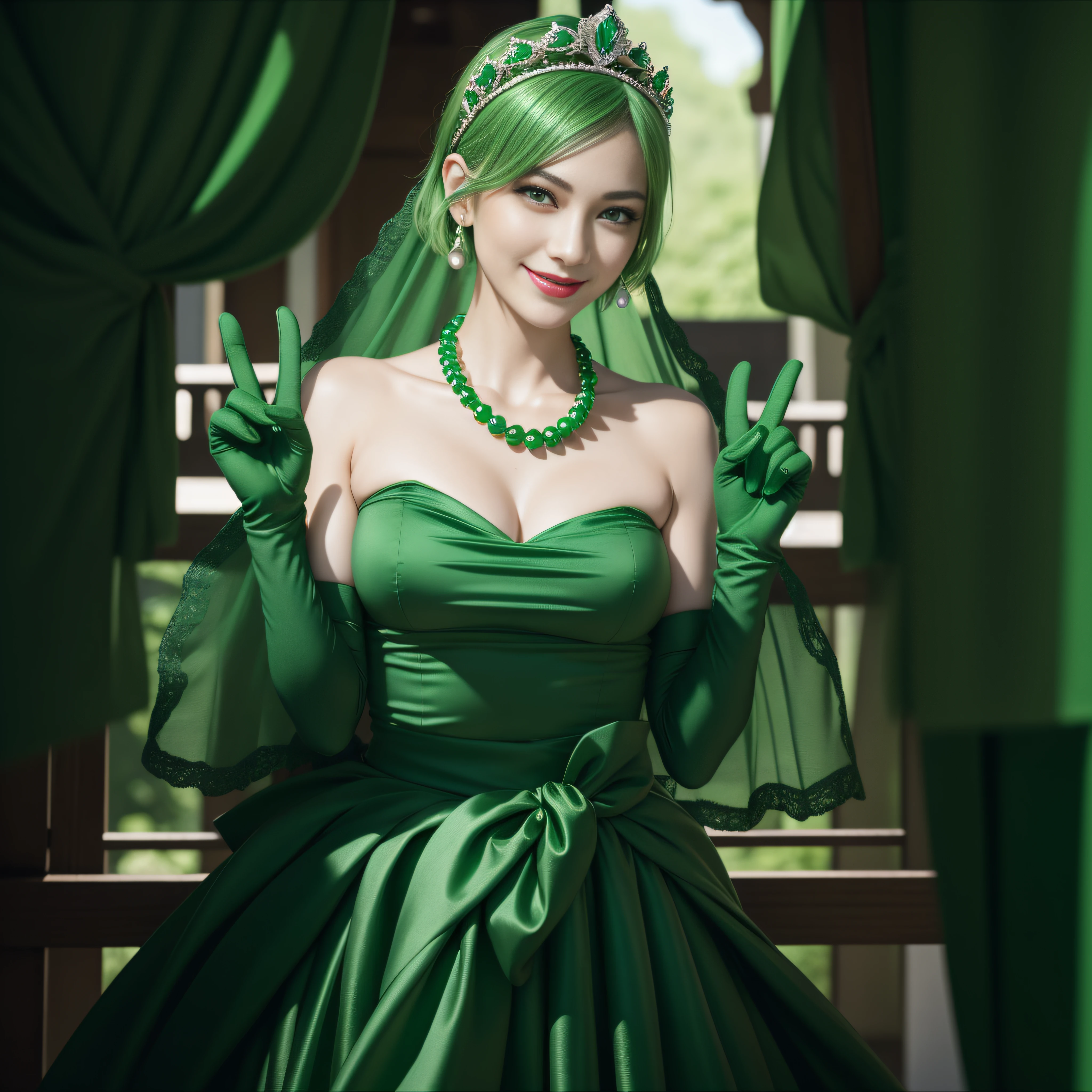 emerald tiara, green pearl necklace, boyish very short green hair, lipstick, smiling Japanese woman, very short hair, big breasts beautiful, green eyes, Long Green Satin Gloves, green eyes, V sign, emerald earrings, green veil