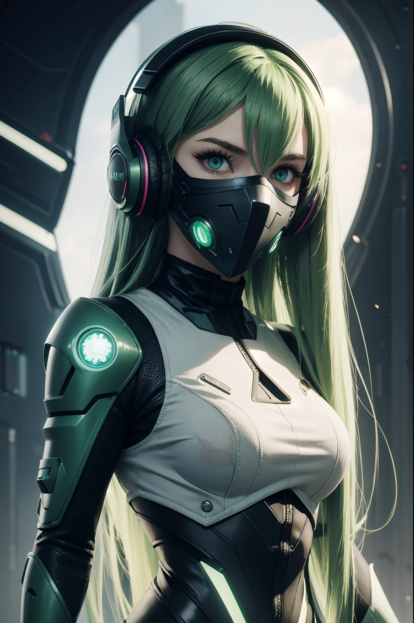 girl with long green hair, green eyes, futuristic vibes, mask on mouth, headphones, 8k, high quality, simple background, glowing eyes, nice pose