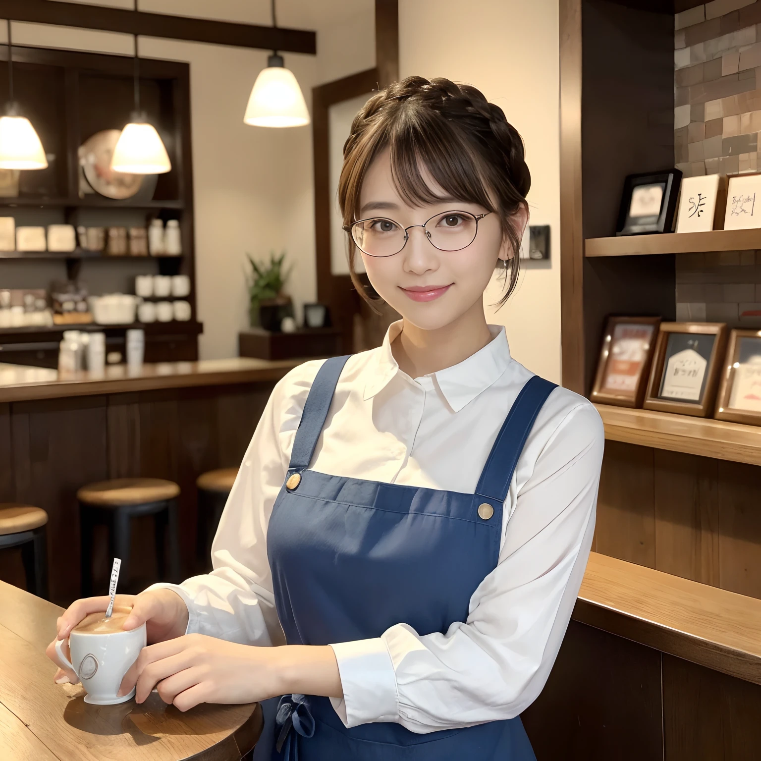 ((Best Quality, masutepiece, 超A high resolution、The most complex and detailed depictions)、(1人の女性,Female café clerk)、Being in a café with a relaxed atmosphere、Cafe clerk uniform、long-sleeve、Detailed and perfect café décor、Fashionable round glasses、pinafore、Warm color lighting、Perfect makeup, Looking at the camera,gently smiling、Faces close,Staring at this、short-hair、Braided Short Hair、Braided short hair、large full breasts、Detailed café background、The most beautiful faces in Japan,View here、Perfect fingers,face perfect、细致背景、Fair skin、Crystal clear white skin、Perfect fingers、细致背景、