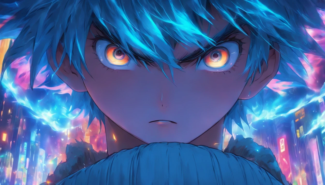 It is a cute face with blue-haired boy M-shaped bangs