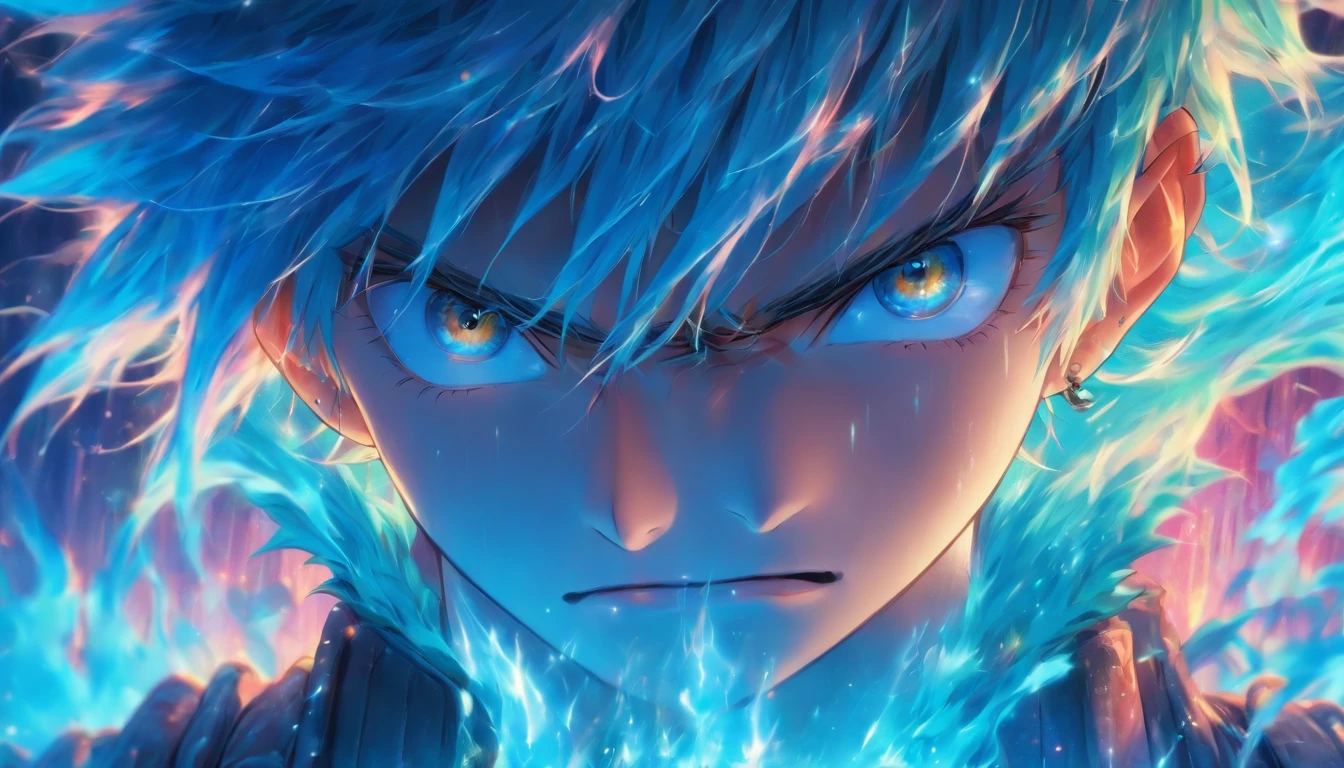 It is a cute face with blue-haired boy M-shaped bangs