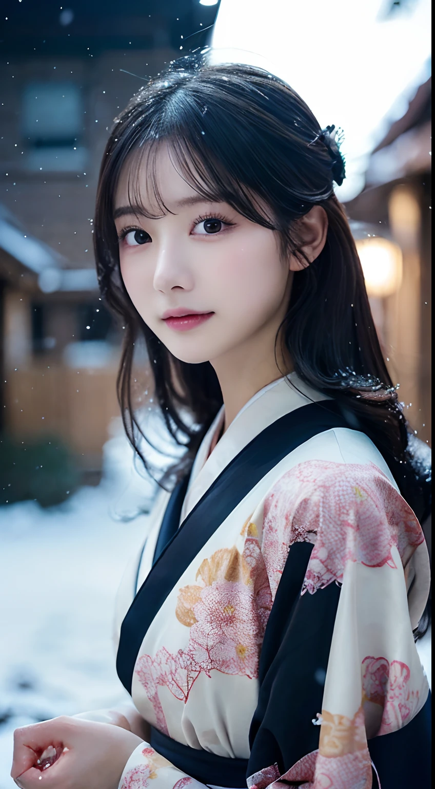 (Kimono)、(top-quality,masterpiece:1.3,超A high resolution,),(ultra-detailliert,Caustics),(Photorealsitic:1.4,RAW shooting,)Ultra-realistic capture,A highly detailed,high-definition16Kfor human skin、 Skin texture is natural、、The skin looks healthy with an even tone、 Use natural light and color,One Woman,japanes,,kawaii,A dark-haired,Middle hair,(depth of fields、chromatic abberation、、Wide range of lighting、Natural Shading、)、(Exterior light at night:1.4)、(Falling snow:1.2)、(Hair swaying in the wind:1.1)、(Light reflecting snow:1.2)