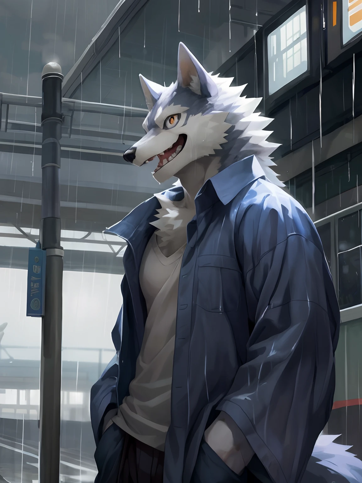 masterpiece, best quality, perfect anatomy, bright eyes, watery eyes, by t.y.stars, by null-ghost, by k0bit0wani, furry, wolf, (felis:0.25), male, solo, baggy clothing, (open smile:1.1), gentle, looking at viewer, train station, rain, (waterdrop:0.9), grey sky, raining, (fog:0.4), detailed background