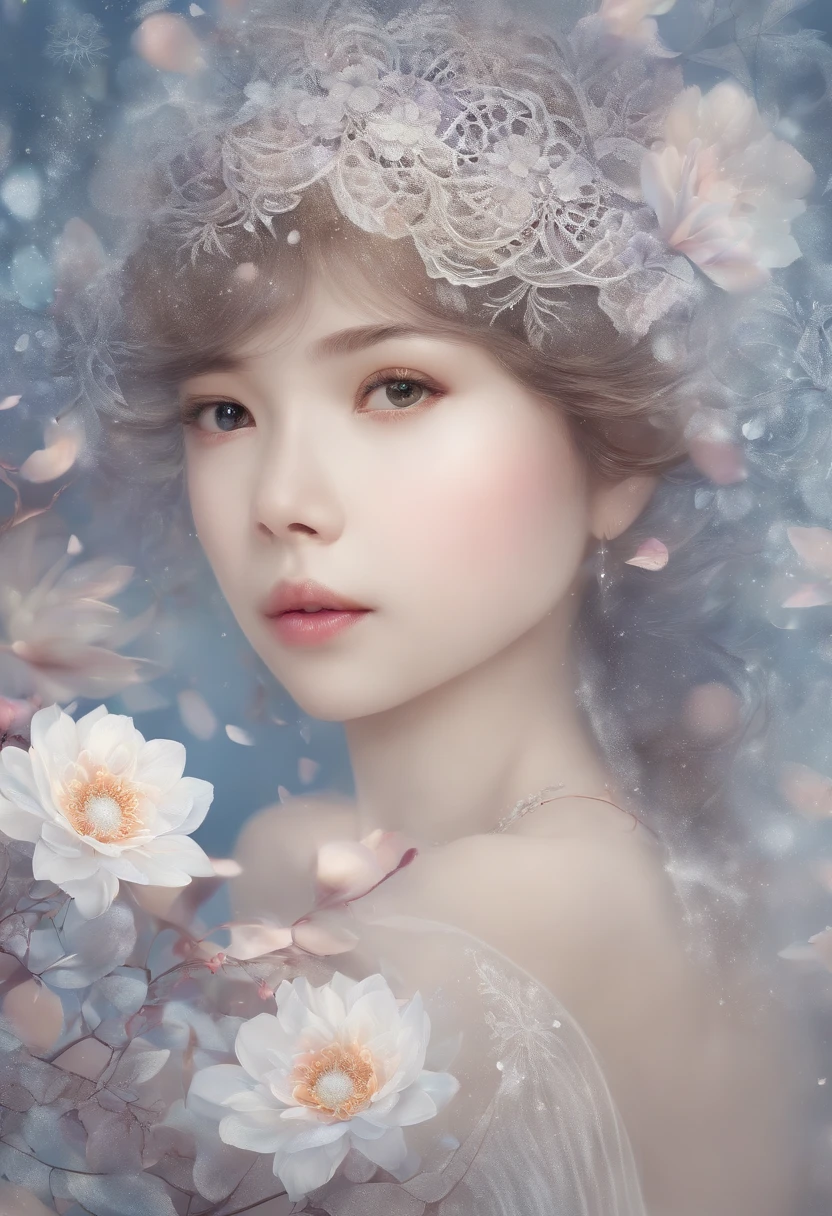 (1 girl with beautiful face、10yaers old、独奏、From Side)、tre anatomically correct、ighly detailed、(Abstract background、Zentangle、Fractal Art:1.4)、(Winter theme、colourfull:1.2)、(pluma、flower petals、Snow flower:1.3)、dynamicposes、耳环