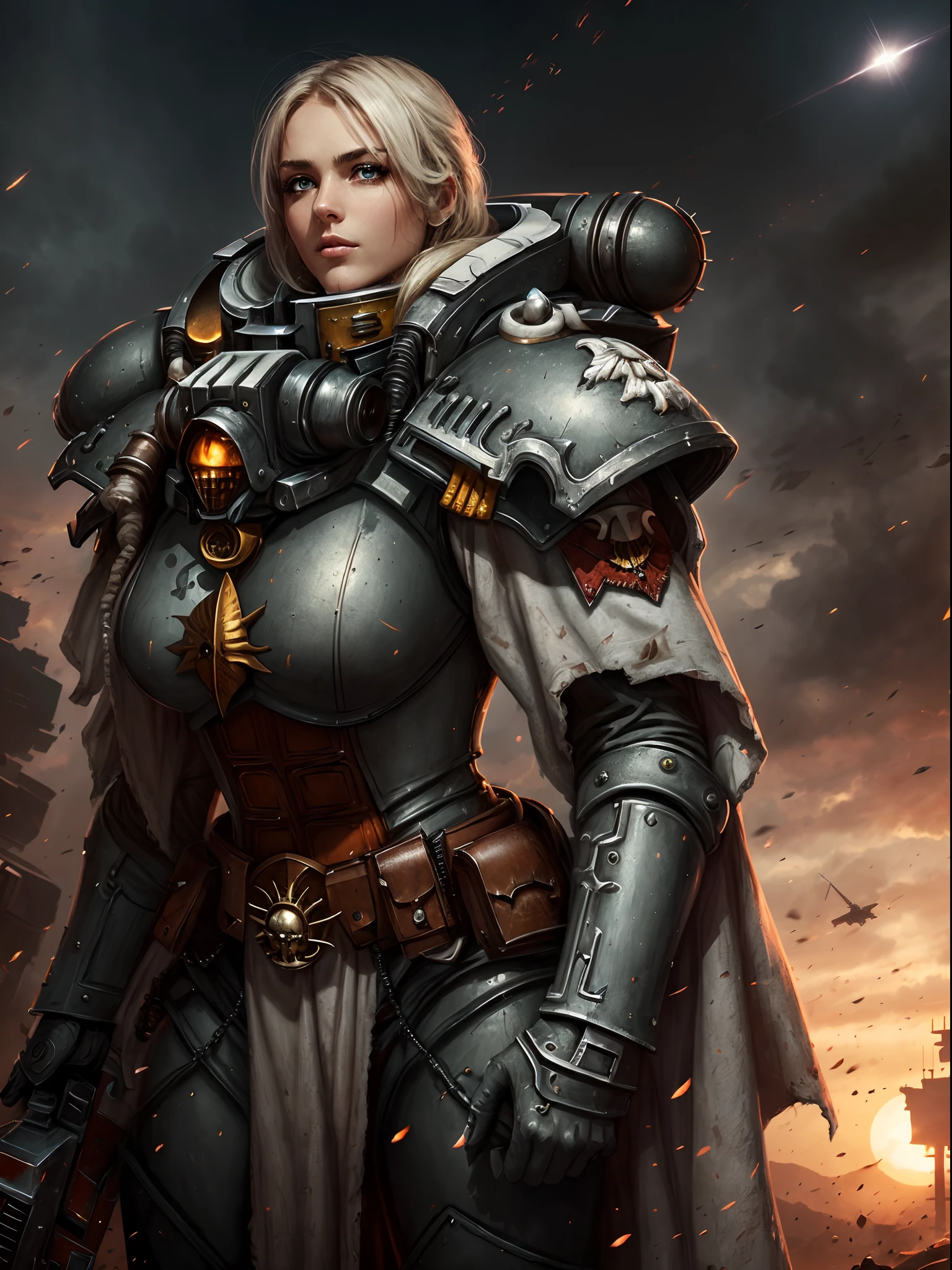 (​masterpiece), (top-quality), sunset, natural lights, ,(realistic:1.5), stunningly beaufiulf girl as a sisters of battle, warhammer 40k, bulky futuristic armour, space marine, (adepta sororitas:1.2) (complet scenario), eyebrow piercing, hazel eyes, blonde hair, punk hair, tanned, dark skin, precise hands, confident look、determined expression, futuristic, sci-fi,, dynamic pose, Clear eyes, Shining eyes,, ultra-definition, Top resolution,  soft lightning