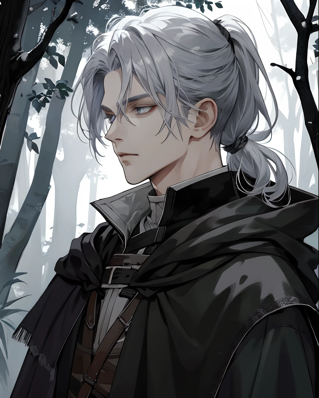 1male, beautiful, silver hair with low ponytail, dark grey eyes, detailed eyes, black cloak, dark sorcerer, rogue mage, alone in a dark forest, depressed, medieval fantasy, blood magic