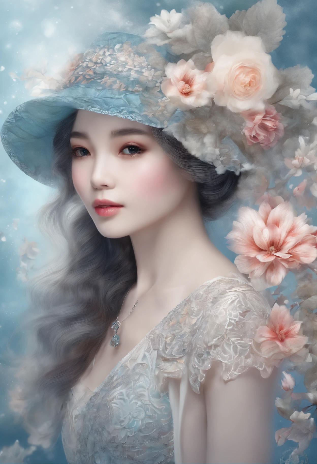 (1 girl with beautiful face、10yaers old、独奏、From Side)、tre anatomically correct、ighly detailed、(Abstract background、Zentangle、Fractal Art:1.4)、(Winter theme、colourfull:1.2)、(pluma、flower petals、Snow flower:1.3)、dynamicposes、耳环