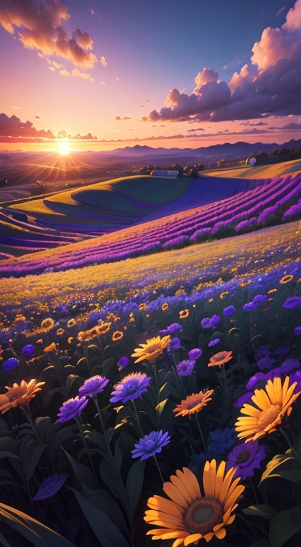 Ultra realistic 8k picture, blue flower field, evening time, beautiful sunset, colourful details, beautiful and realistic clouds
