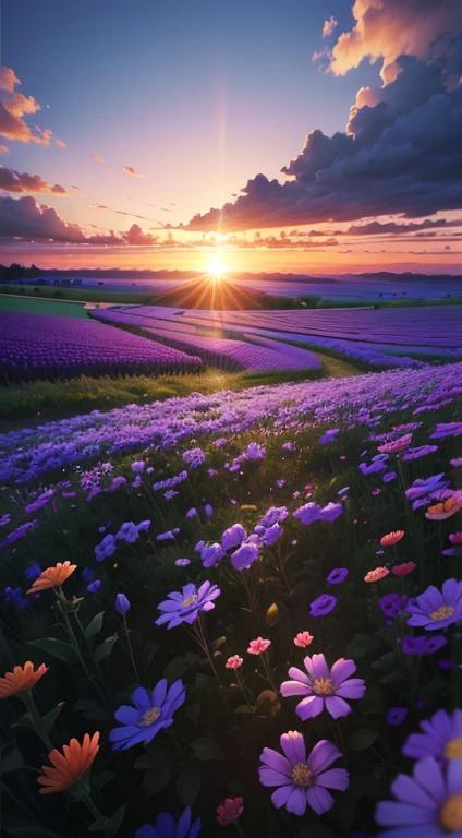 Ultra realistic 8k picture, blue flower field, evening time, beautiful sunset, colourful details, beautiful and realistic clouds
