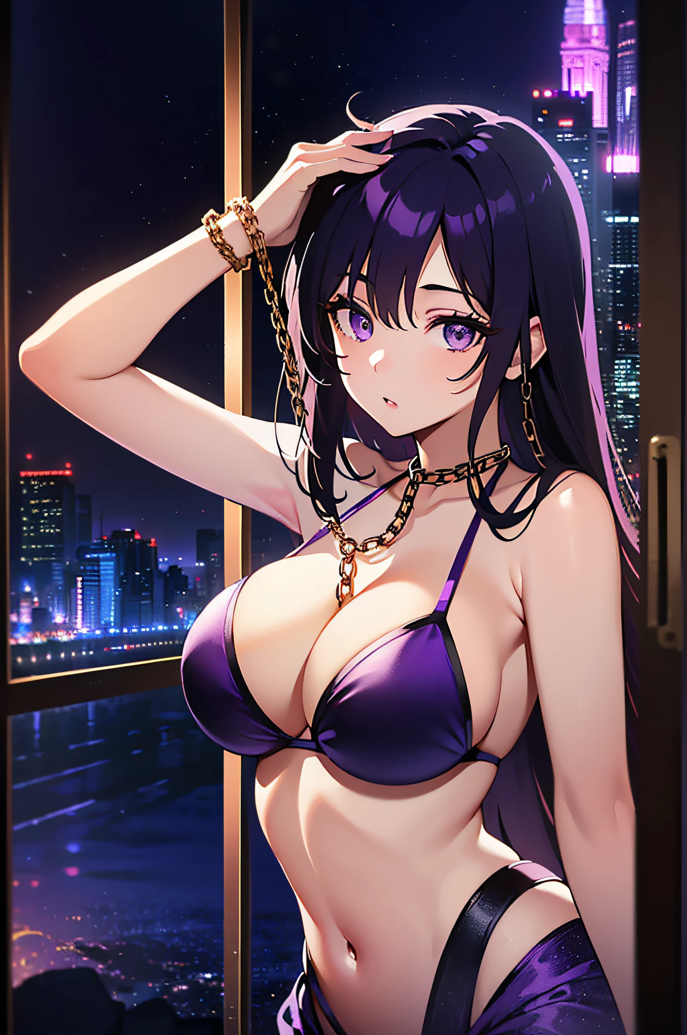 top-quality、Top image quality、masterpiece、girl with((20yr old、Best Bust、big bast、Bust 85,beautiful purple eyes、Breasts wide open,Long purple hair、A slender、Large valleys、Purple gold bikini、Purple Gold Dress,Leaning forward、Reflecting the whole body))hiquality、Beautiful Art、Background with((Luxury Hotels、Purple Chain、Window with night view)))masutepiece、visualart、depth of fields