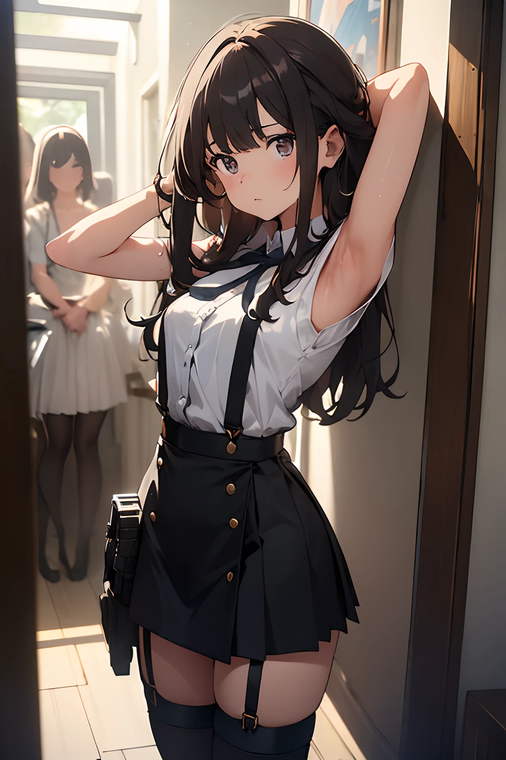 ​masterpiece、flat-colors、depth of fields、lens flare 1 girl、、Brown hair、watching at viewers　　　black suspenders　　　large full breasts　　　 　 Armpit sweat　perspiring　Side of both hands　　walls: 　Black miniskirt　garters　　　　　　Gaze　　　Small face　Bangs Upper Eyes　flank　　　　holster　　Belt Armament　Beautuful Women　srestrained　Hands behind your back　bet