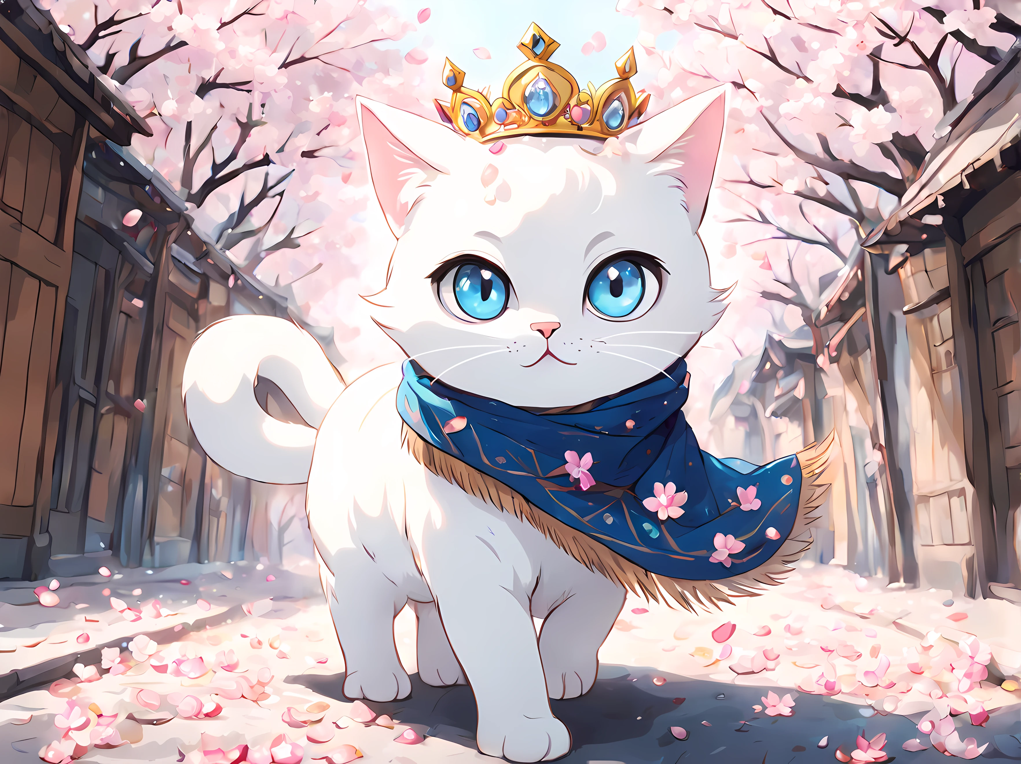 Cute Cartoon, CuteCartoonAF, (cute cartoon style:1.3), (solo:1.3), adorable white ((cat)) (vivid big eyes) ((((looking at the viewer)))), ((wearing jeweled crown)), ((wearing noble scarf with intricate details)), (((walking on the street))), (falling petals of cherry blossoms), (medieval urban), masterpiece, 4k, highly detailed, shiny, blue eyes, ((medieval festival))
