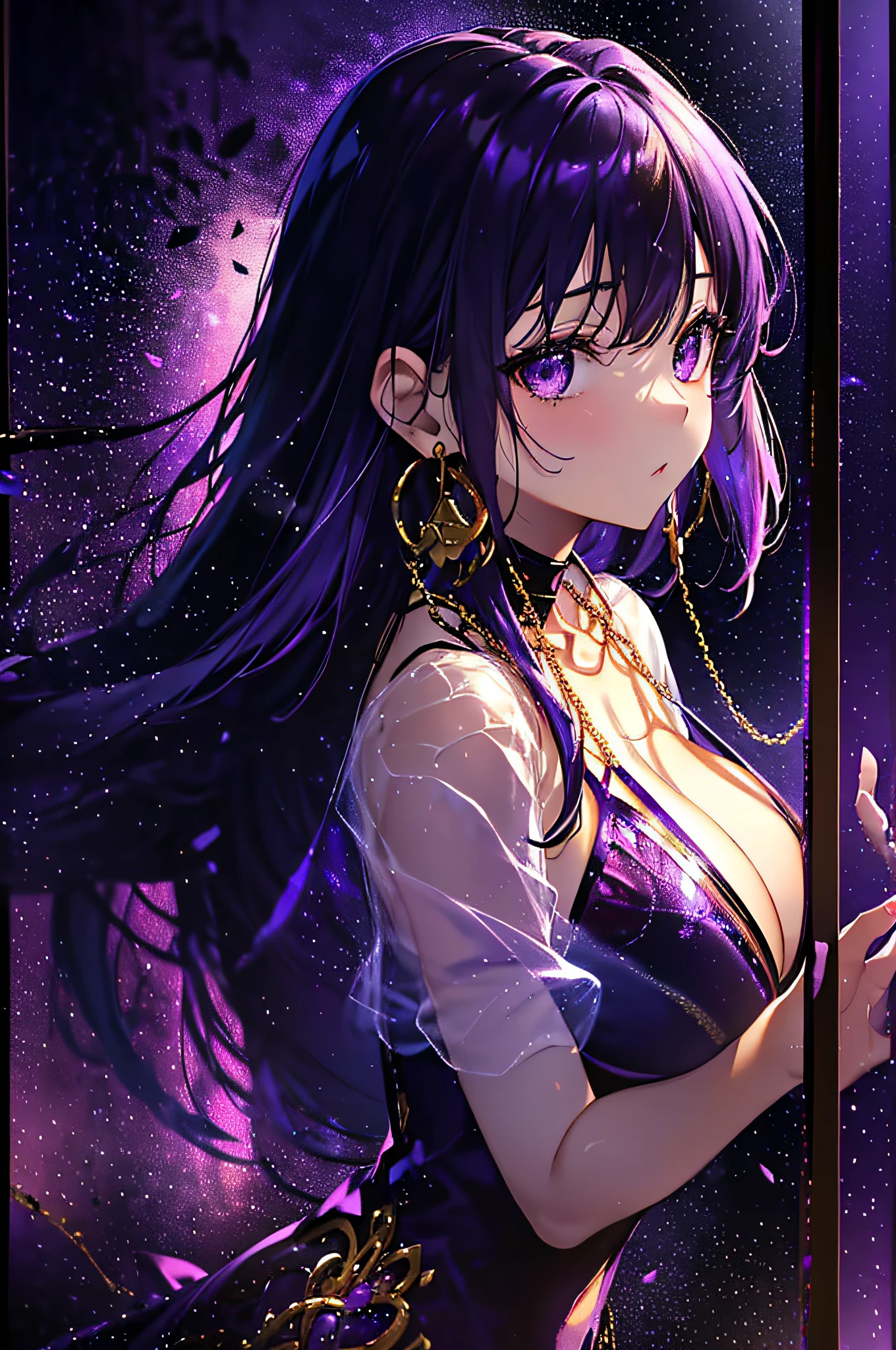 top-quality、Top image quality、masterpiece、girl with((20yr old、Best Bust、big bast、Bust 85,beautiful purple eyes、Breasts wide open,Long purple hair、A slender、Large valleys、Purple gold bikini、Purple Gold Dress,Leaning forward、Reflecting the whole body))hiquality、Beautiful Art、Background with((Luxury Hotels、Purple Chain、Window with night view)))masutepiece、visualart、depth of fields