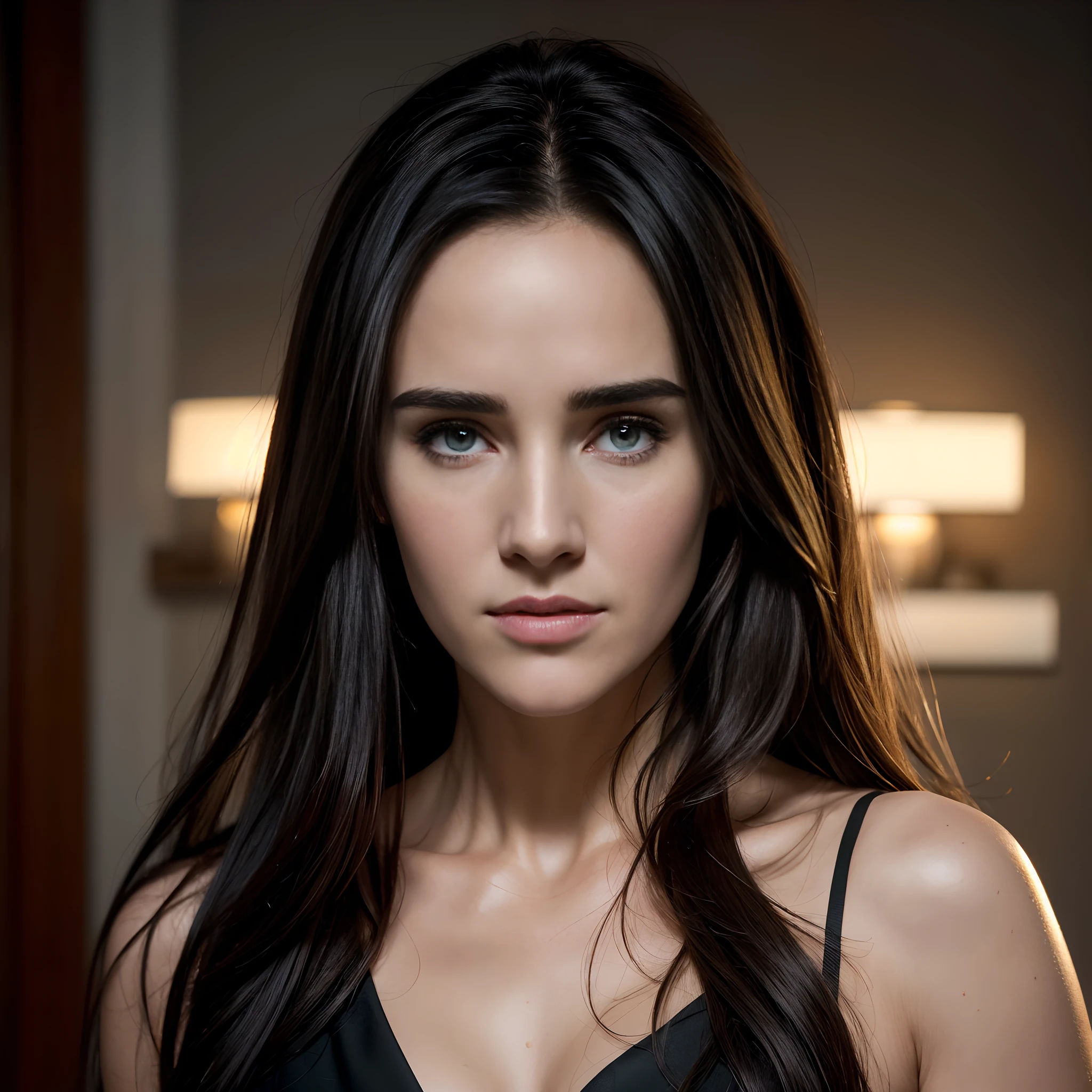 (((hd medium shot portrait))), jennifer connelly, looking at camera, 23 years old, long hair, extra detailed, 8k, hd, very beautiful face, beautiful eyes, black dress, very alluring, black hair, black eyes, light skin, perfect face