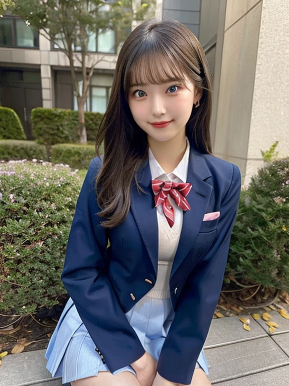 Japanese, high school girl, smile, young face, long black hair, long straight black hair, blue hairband, light blue blazer jacket, white blouse, blue ribbon decoration on collar, blue pleated skirt, black socks, dark brown loafers, Ferris wheel, promenade, standing in front of observation deck, window, full moon night, starry night, beach, nostalgic scenery, refreshing feeling 