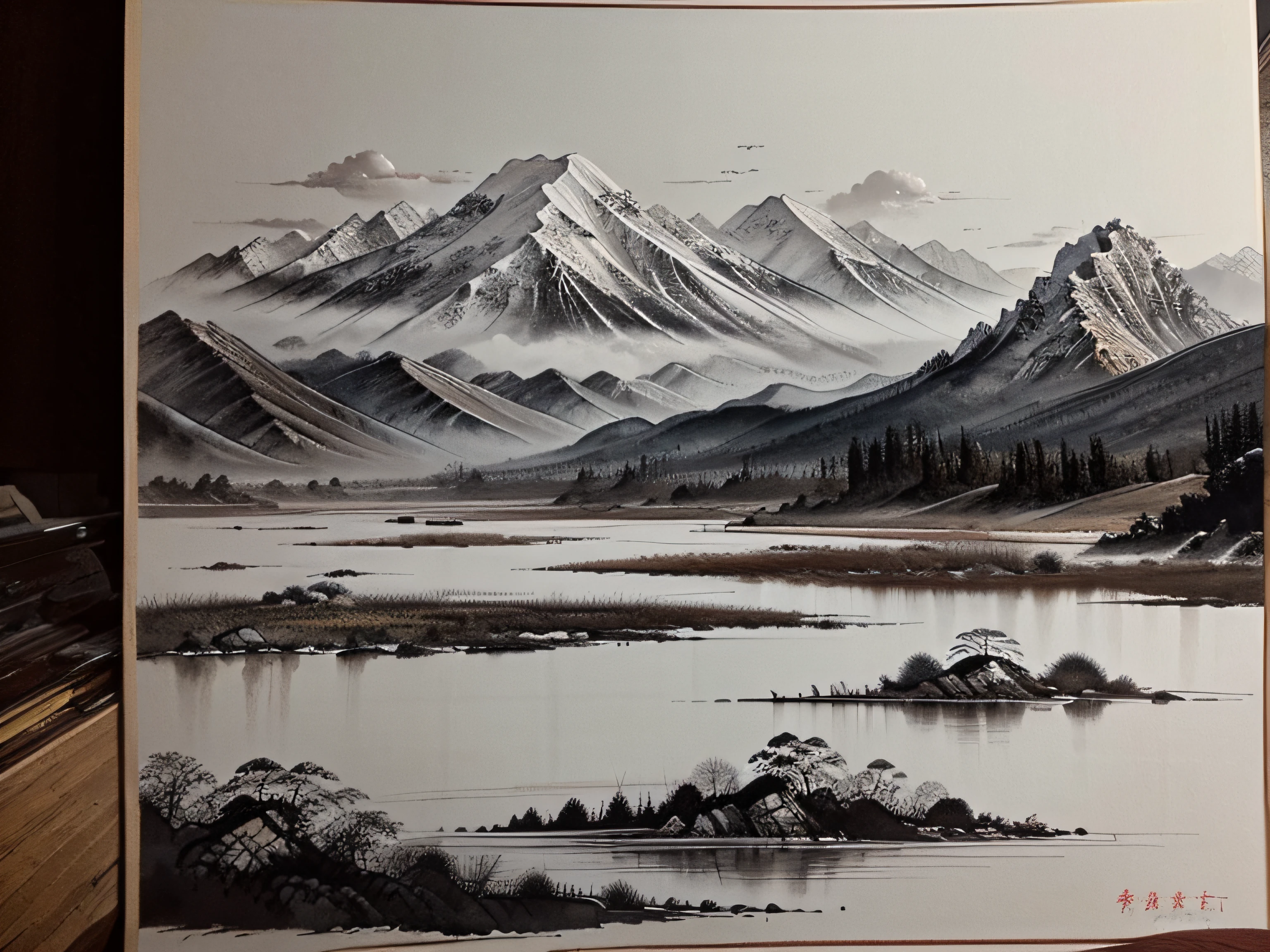 Chinese painting；ink and watercolor painting；Meticulous；Freehand painting；Gobi；mountain ranges；Tang dynasty style；black andwhite；traveller；Ancient Style