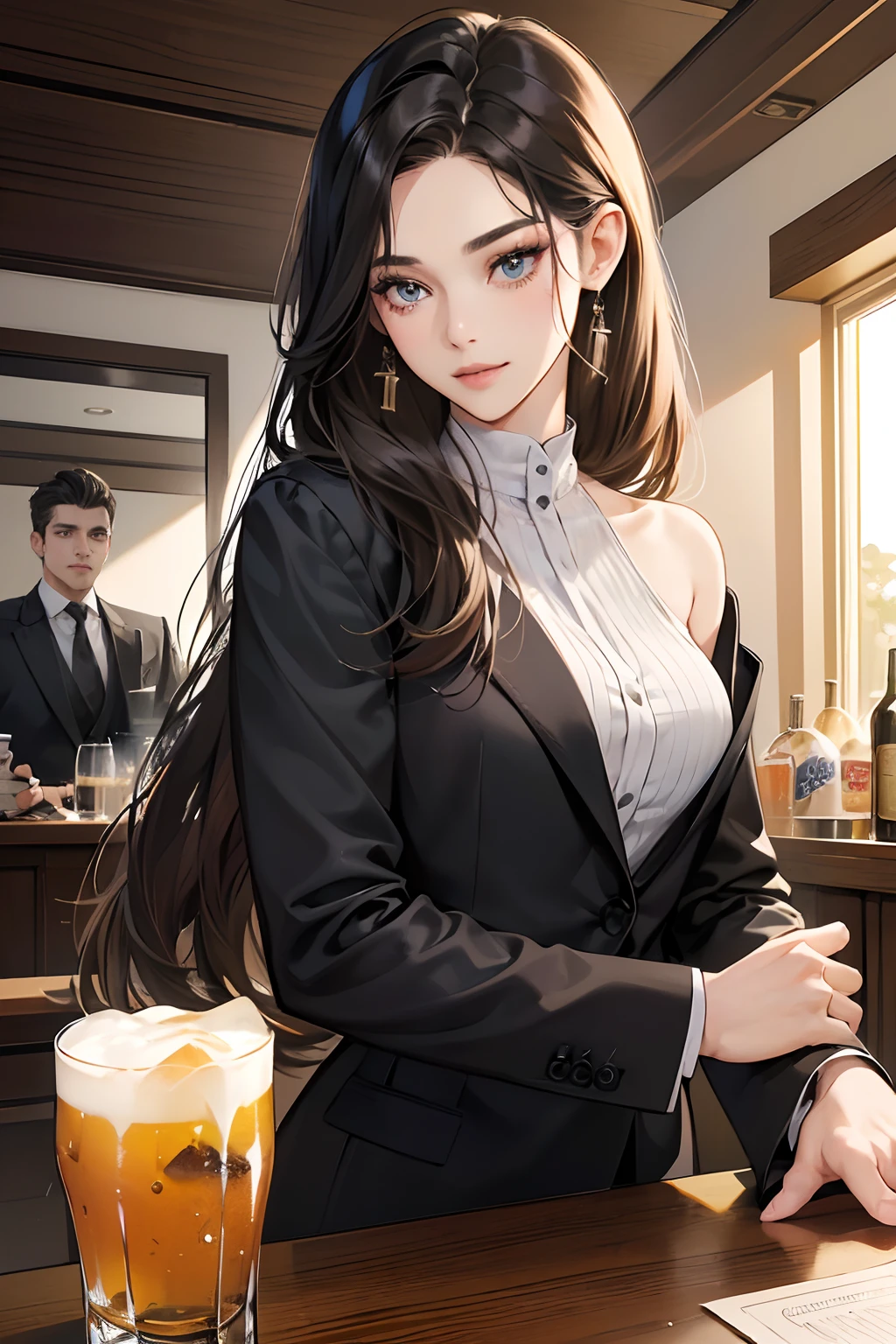 (masutepiece, Digital Art, Digital Illustration, 4K, 8K, Ultra-detailed, beautiful image, Sharp Image, Photorealistic, Raw photo, Perfect face, Perfect lines, Perfect eyes, Soft lighting) ,1 woman, (cabelos preto e longos,straight haired,Bullish gaze,Beautie,ellegance,Solid makeup,23 y-o woman,small tits:1.3),Two handsome men, (Men in suits,well-muscled,Firm shoulder width,Adult male,Boyish hairstyle,English gentlemanly style,Man in his 30s with a cool expression,28-year-old man with bright smile:1.2),Typical Family Home、Drink at home、Drinking alcohol at home、drinking party、beer、Beer mug、cocktails、