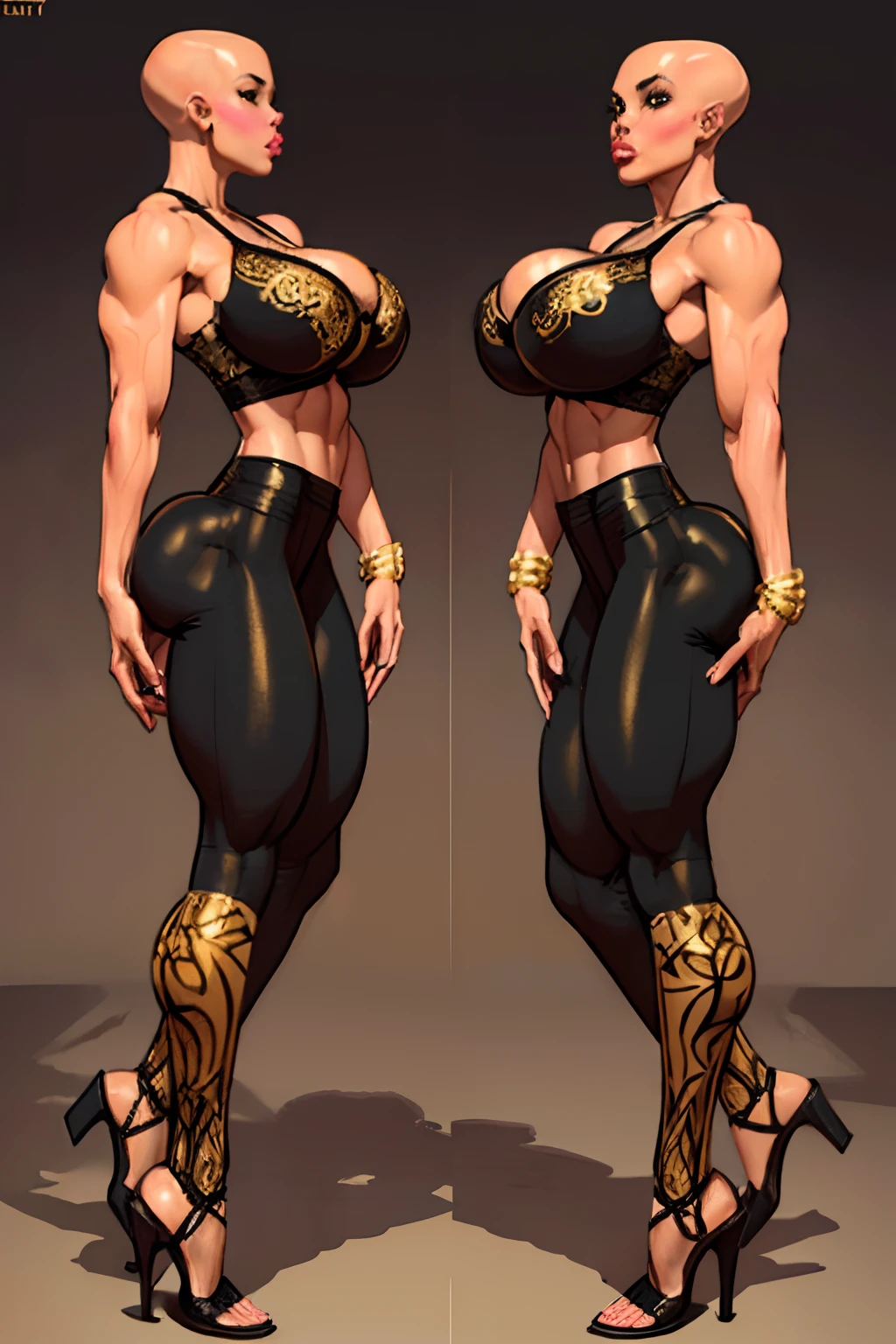 8k ((full body view)) (large eyes:1.3), defined cheekbones, ((legs spread:1.1)), looking back, ((the pit style:1.4))((bra1.6)), tight pants, sash, ((intricate details:1.4))detailed face:1.5), light skin,(puffy lips:1.5) (light skin:1.6), (bald woman:1.7), (skinhead) ((sexy pose)),(Muscular:1.3), ((gigantic breasts:1.5)), )highly detailed, ((side view:1.6)), majestic, digital photography, art by artgerm and ruan jia and greg rutkowski, ((jewelry around leg:1.4)), (masterpiece), sidelighting, intricate details, (((black and gold color palette)))