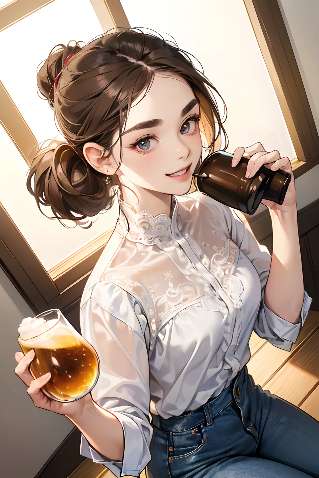 (masutepiece, Digital Art, Digital Illustration, 4K, 8K, Ultra-detailed, beautiful image, Sharp Image, Photorealistic, Raw photo, Perfect face, Perfect lines, Perfect eyes, Soft lighting) 1 woman, (lightbrown hair,Chignon hair in a high position,White lace shirt、Skinny Denim、Innocent look,Lowered eyebrows,drooping eyebrows,drooing eyes,cute large eyes,natural make up,kindly smile,Round jaws,23 y-o woman:1.3),Two handsome men in suits, (ember,Men in suits,well-muscled,Firm shoulder width,Adult male,Boyish hairstyle,English gentlemanly style,Man in his 30s with a cool expression,28-year-old man with bright smile:1.2),Drink at home、Drinking alcohol at home、drinking party、beer、Toast with beer、Beer mug