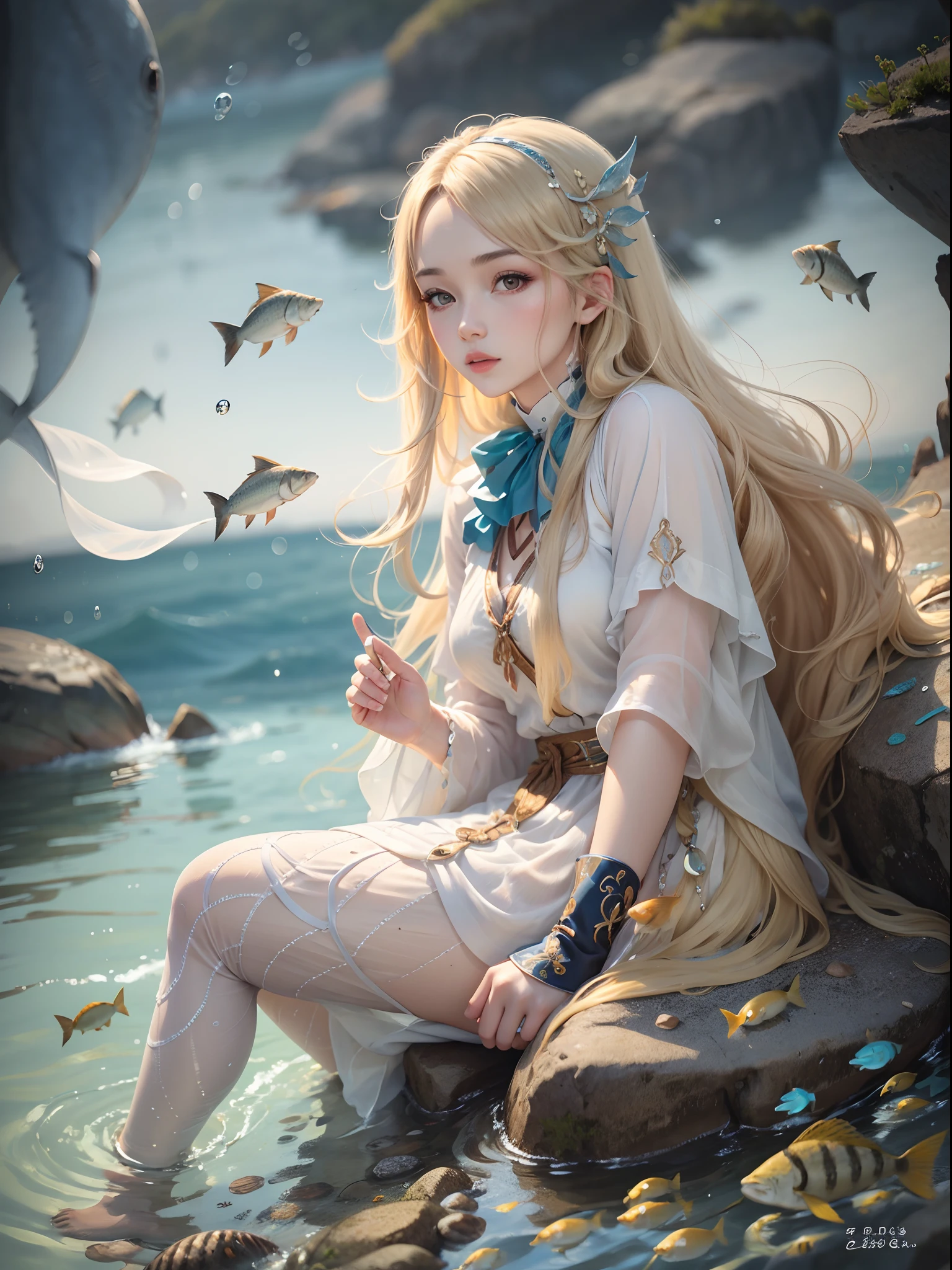 Beautiful girl with long blond hair sitting on a rock in the sea, surrounded by a group of fish --auto --s2