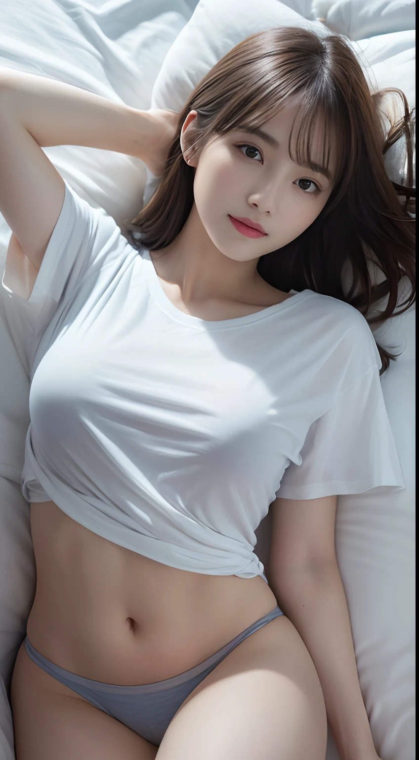 Innocent 20 year old girl、((Wearing an oversized T-shirt,Dramatic poses)),Smile,short-cut,Bed background,Beach background、Raw photo, (8K、top-quality、​masterpiece:1.2)、(intricate detailes:1.4)、(Photorealsitic:1.4)、octane renderings、Complex 3D rendering ultra detail, Studio Soft Light, Rim Lights, vibrant detail, super detailing, realistic skin textures, Detail Face, Beautiful detail eyes, Very detailed CG Unity 16k wallpaper, make - up, (detailedbackground:1.2), shinny skin, Full body、From head to thigh、cleavage of the breast,((Sleep facing up、Angle looking down from above))