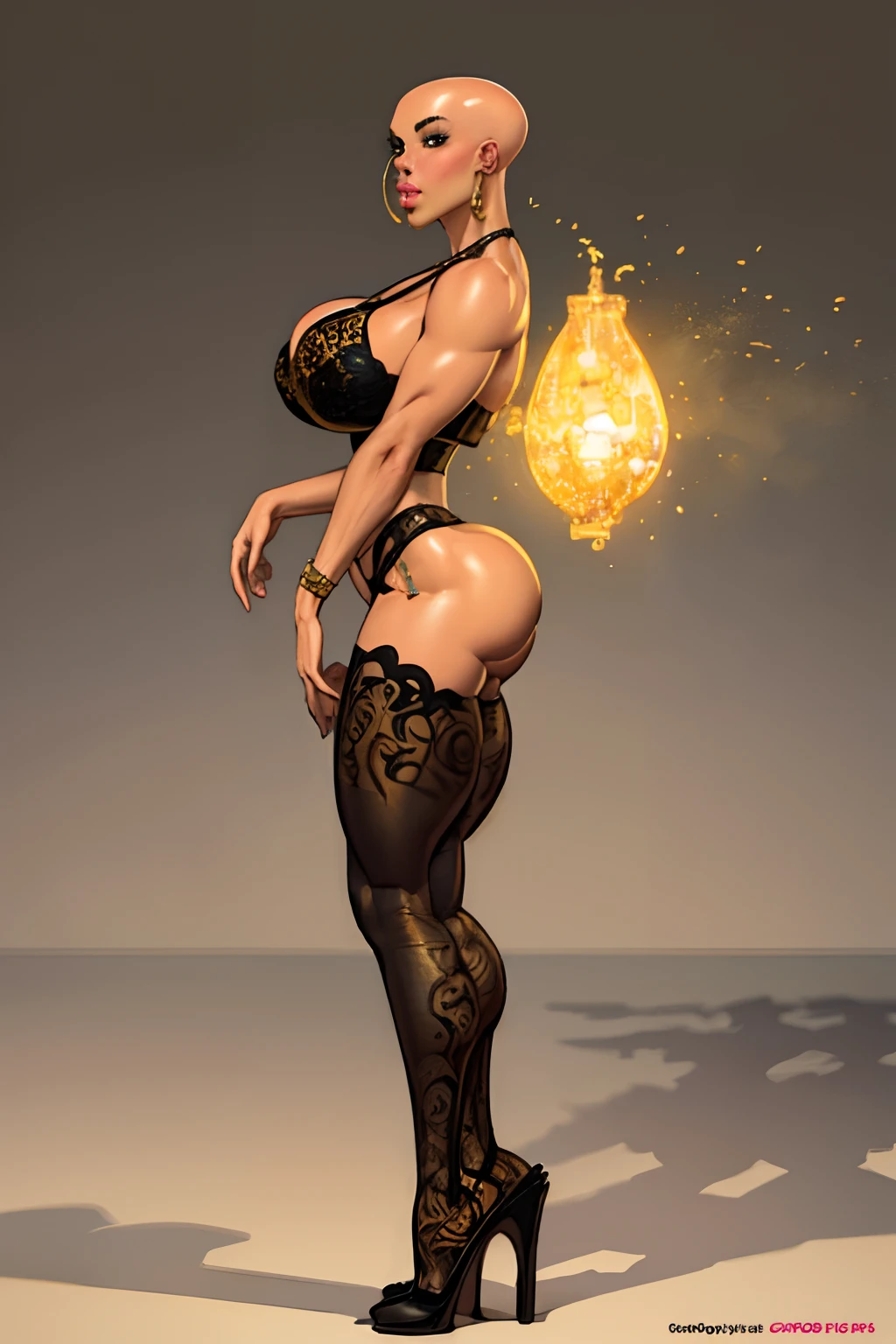 8k ((full body view)) (large eyes:1.3), defined cheekbones, ((legs spread:1.1)), looking back, ((the pit style:1.4))((bra1.6)), tight pants, sash, ((intricate details:1.4))detailed face:1.5), light skin,(puffy lips:1.5) (light skin:1.6), (bald woman:1.7), (skinhead) ((sexy pose)),(Muscular:1.3), ((gigantic breasts:1.5)), )highly detailed, ((side view:1.6)), majestic, digital photography, art by artgerm and ruan jia and greg rutkowski, ((jewelry around leg:1.4)), (masterpiece), sidelighting, intricate details, (((black and gold color palette)))